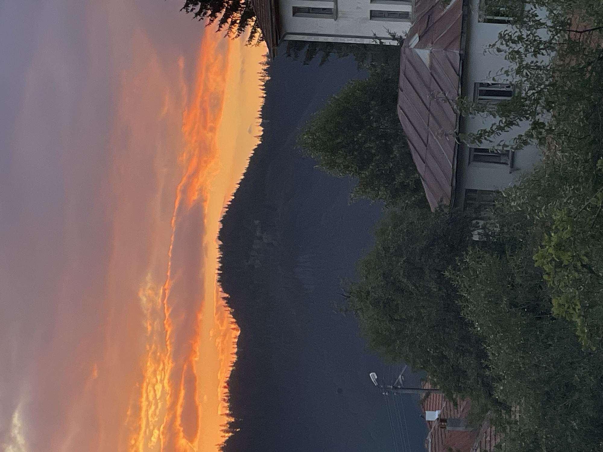 This image depicts a sunset over a village, likely located in or near Manastir, Bulgaria. The sky is filled with vibrant orange and purple clouds, casting a warm glow over the landscape. In the foreground, there are several houses with red-tiled roofs, nestled among lush green trees. A dark, tree-covered mountain range forms the backdrop, with a line of pine trees silhouetted against the colorful sky. A street lamp and power lines are visible on the left side of the image, suggesting a residential area. The overall scene is tranquil and picturesque, capturing the beauty of a rural sunset.