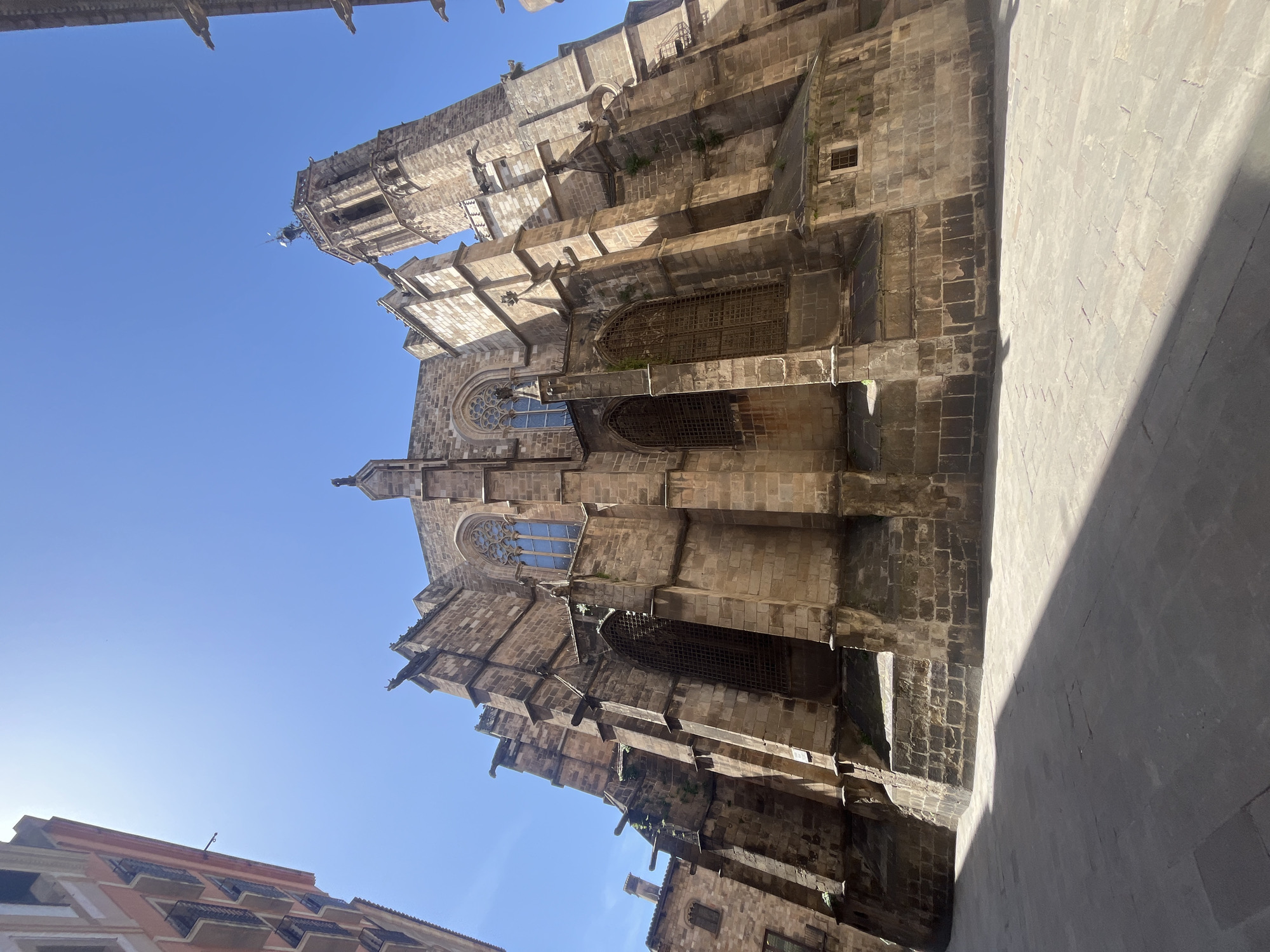 A low-angle, sunlit photograph captures the imposing side facade and bell tower of a large, historic stone building, likely a cathedral, set against a clear blue sky. The architecture is Gothic, featuring robust stone construction, prominent flying buttresses, and numerous decorative gargoyles protruding from various levels. Several arched windows, some adorned with intricate iron grates, and at least one ornate rose window are visible on the upper sections of the building. A tall, square bell tower with open arches near its apex rises prominently, topped by a small spire.
The bright sunlight casts sharp, long shadows across a dark paved ground or adjacent wall in the foreground and lower right of the image, suggesting a time of day in the mid-morning or late afternoon. To the lower left, a glimpse of another building with reddish-orange walls and balconies can be seen. The sky is completely clear and bright blue, indicating sunny weather. No people or discernible text are present. The architectural style and scale are consistent with a major European religious edifice, aligning with the context of Barcelona.