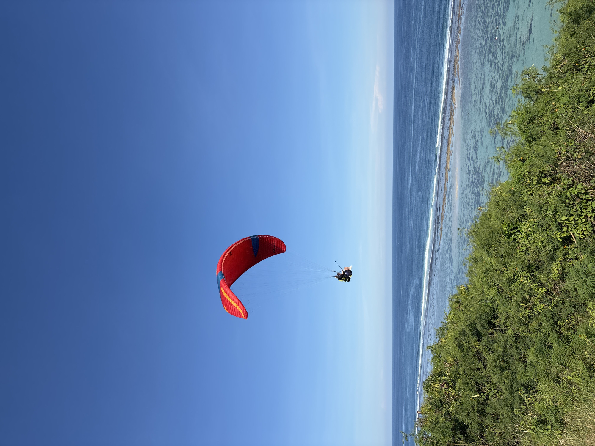 The image depicts a paraglider in flight against a clear blue sky, set against the backdrop of the coastline of Kuta Selatan, Indonesia. The paraglider is red with yellow and blue accents. The ocean is visible to the right, displaying varying shades of blue and green due to the depth and presence of coral reefs. A strip of white foam indicates the breaking waves. The coastline is lined with green vegetation. The paraglider appears to be flying parallel to the coast. The image is taken from a ground-level perspective, angled upward.