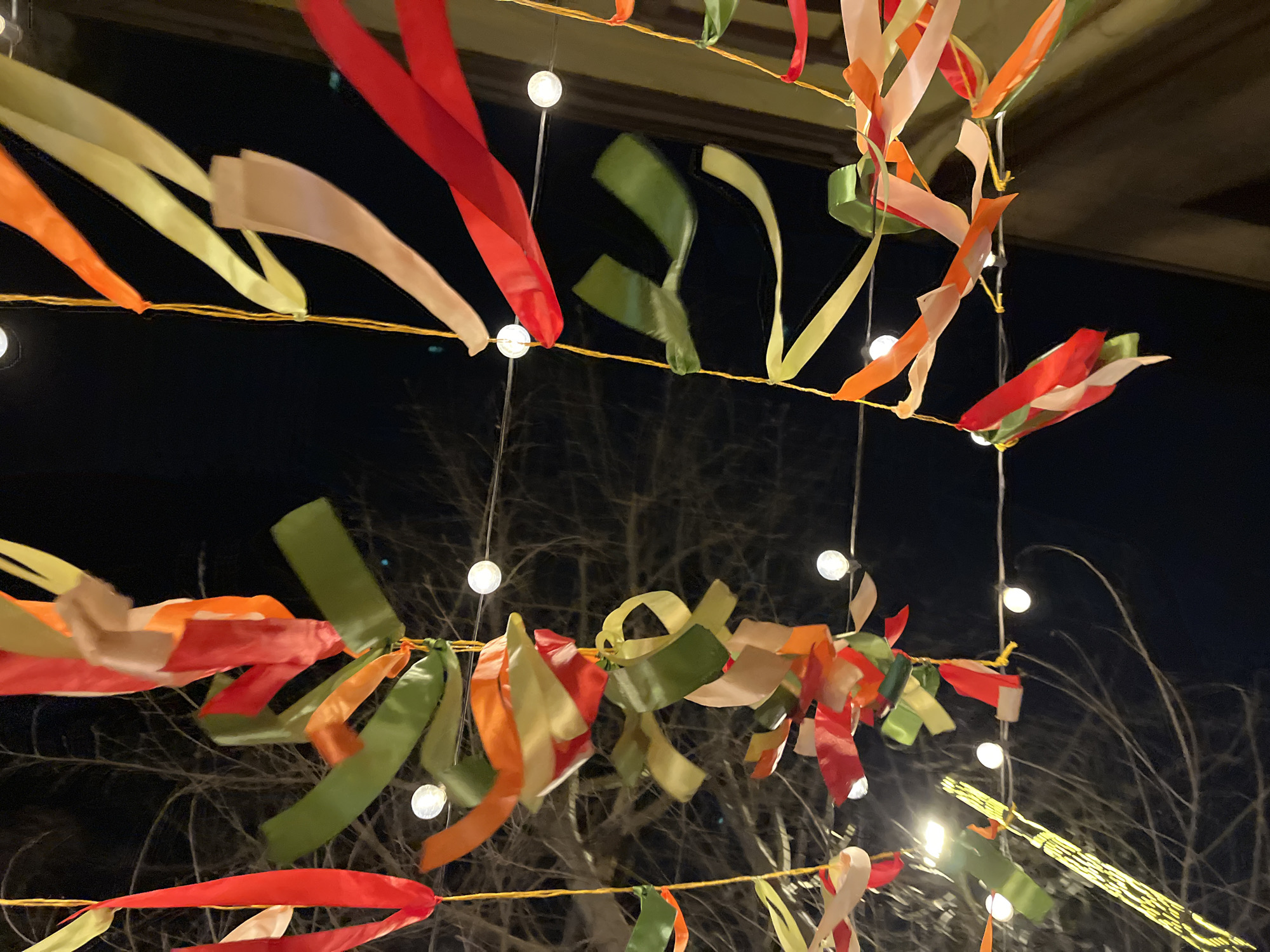 The image shows colorful ribbons and string lights strung between trees and a building in an outdoor setting at night. The ribbons are various colors including red, orange, green, and beige. The string lights consist of small, round bulbs spaced along a thin wire. Bare tree branches are visible in the background, with the dark sky above. The ribbons and lights appear to be decorations, possibly for an event or celebration. The location is unknown, as are the city and state.