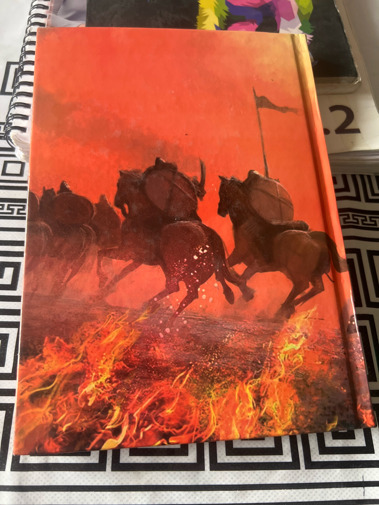 The image displays the back cover of a book featuring a dramatic illustration of a cavalry charge across a fiery landscape. Silhouetted figures on horseback, some with shields and banners, are depicted in mid-gallop against a vibrant, fiery orange sky. The foreground is dominated by intense flames and embers, suggesting a scene of battle or destruction. The book itself is lying on a surface with a black and white geometric pattern. In the background, other objects are visible, including a spiral-bound notebook and what appears to be another book with the number "2" printed on it. The scene does not provide any specific geographical markers or context to associate it with Osh City, Kyrgyzstan.