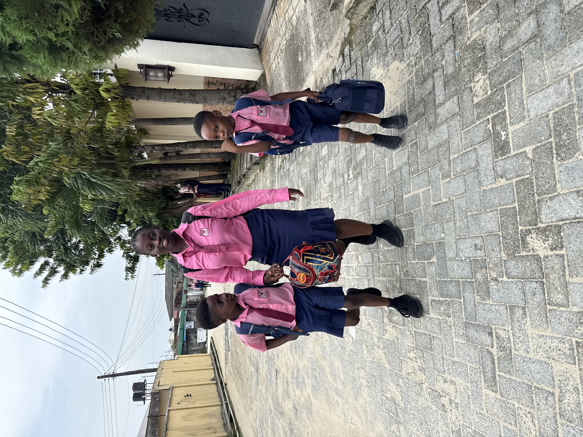 In Ado, Nigeria, a young Black woman in a pink collared shirt and navy skirt walks with two young Black boys dressed in similar pink collared shirts and navy shorts. All three wear school uniforms with ties and carry backpacks. The woman holds the hand of the boy on the left, who carries a Spiderman-themed lunchbox. The boy on the right carries a navy blue backpack and a navy blue messenger bag. They walk on a paved sidewalk lined with trees and a building with a yellow wall.