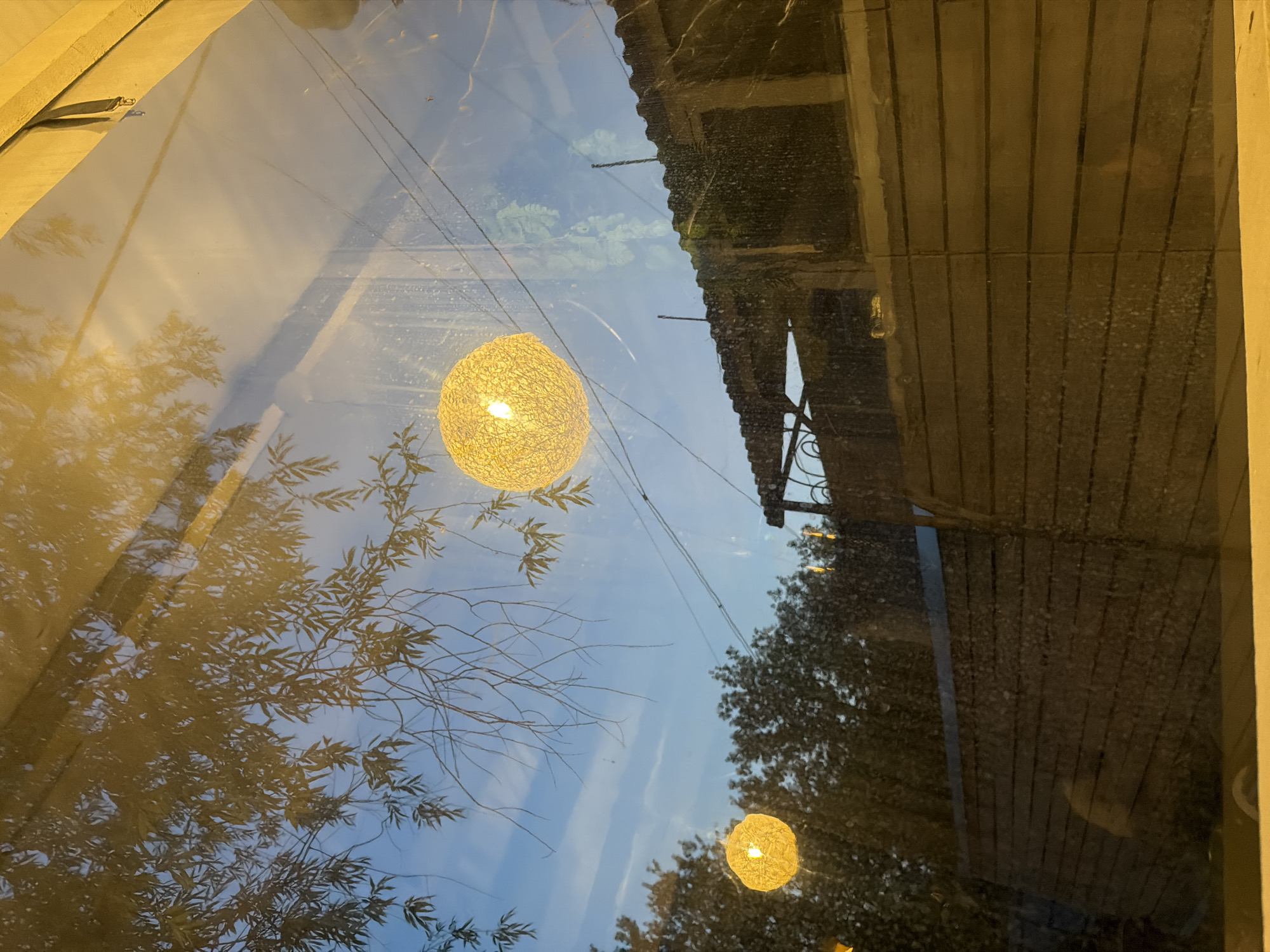 The image shows a reflection on a window with a string of lights in the foreground. There are two spherical lights hanging from wires, one is in the upper right quadrant and the other is in the lower left quadrant. The lights appear to be made of woven material and emit a warm, yellow glow. Reflected in the window are the branches and leaves of a tree, and a blue sky with scattered clouds. In the background, there is a wooden fence and a building with a corrugated roof. The scene appears to be outdoors, possibly in a residential area, as suggested by the fence and the building. The lighting suggests it is dusk or evening.