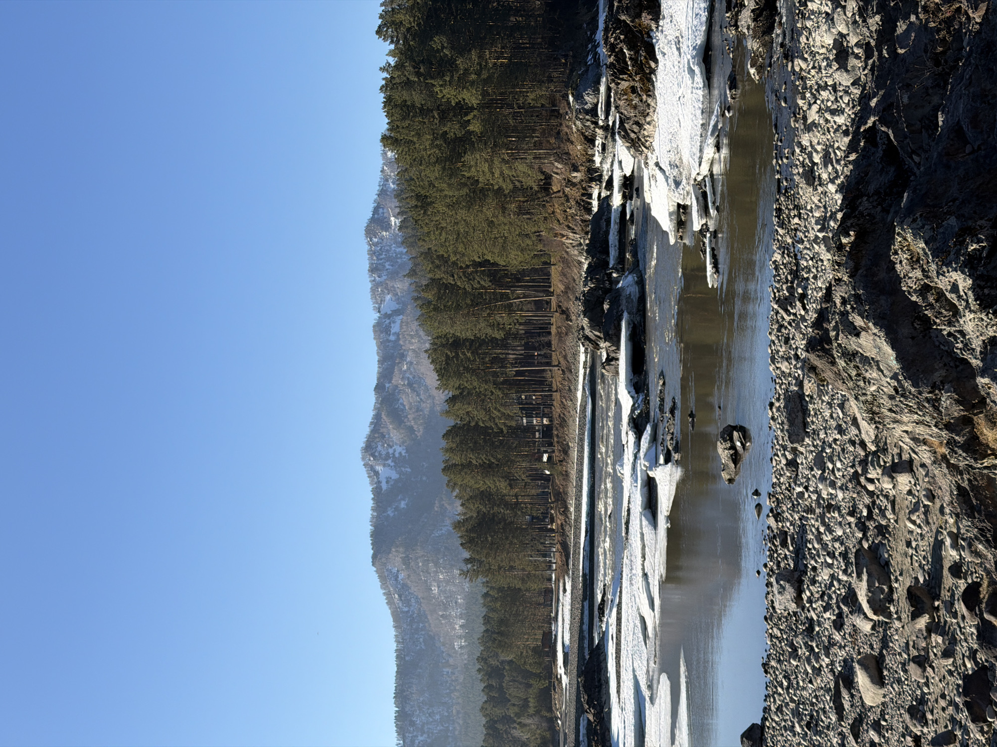 The image captures a sideways view of the Katun River in Manzherok, Russia, during winter. The river runs vertically, partially iced over with visible patches of open water reflecting the clear, blue sky. The right bank is a mix of large rocks and gravel, while the left bank features a dense forest running along the base of a snow-capped mountain. The overall scene depicts a cold, natural environment with a combination of water, ice, rock, and forest.