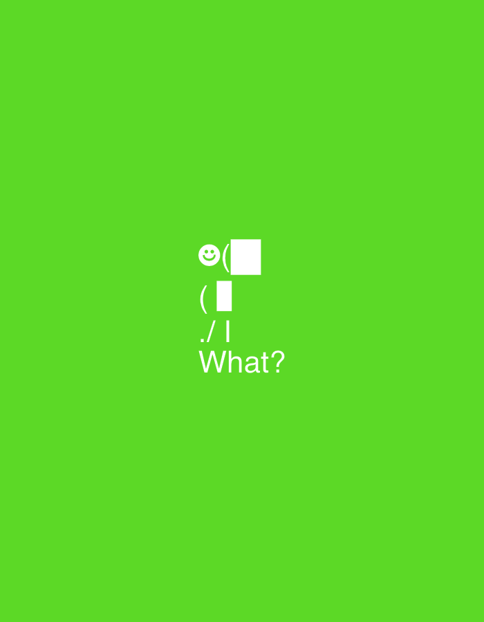 The image is a minimalist digital graphic against a bright green background. In the center, there are white text characters and shapes arranged vertically. The top line consists of a smiley face emoji followed by a white square. Below that, there is an open parenthesis. The next line contains a forward slash and a vertical bar. The final line reads "What?" in white text. There are no discernible locations in Yerevan, Armenia, depicted in this abstract graphic.