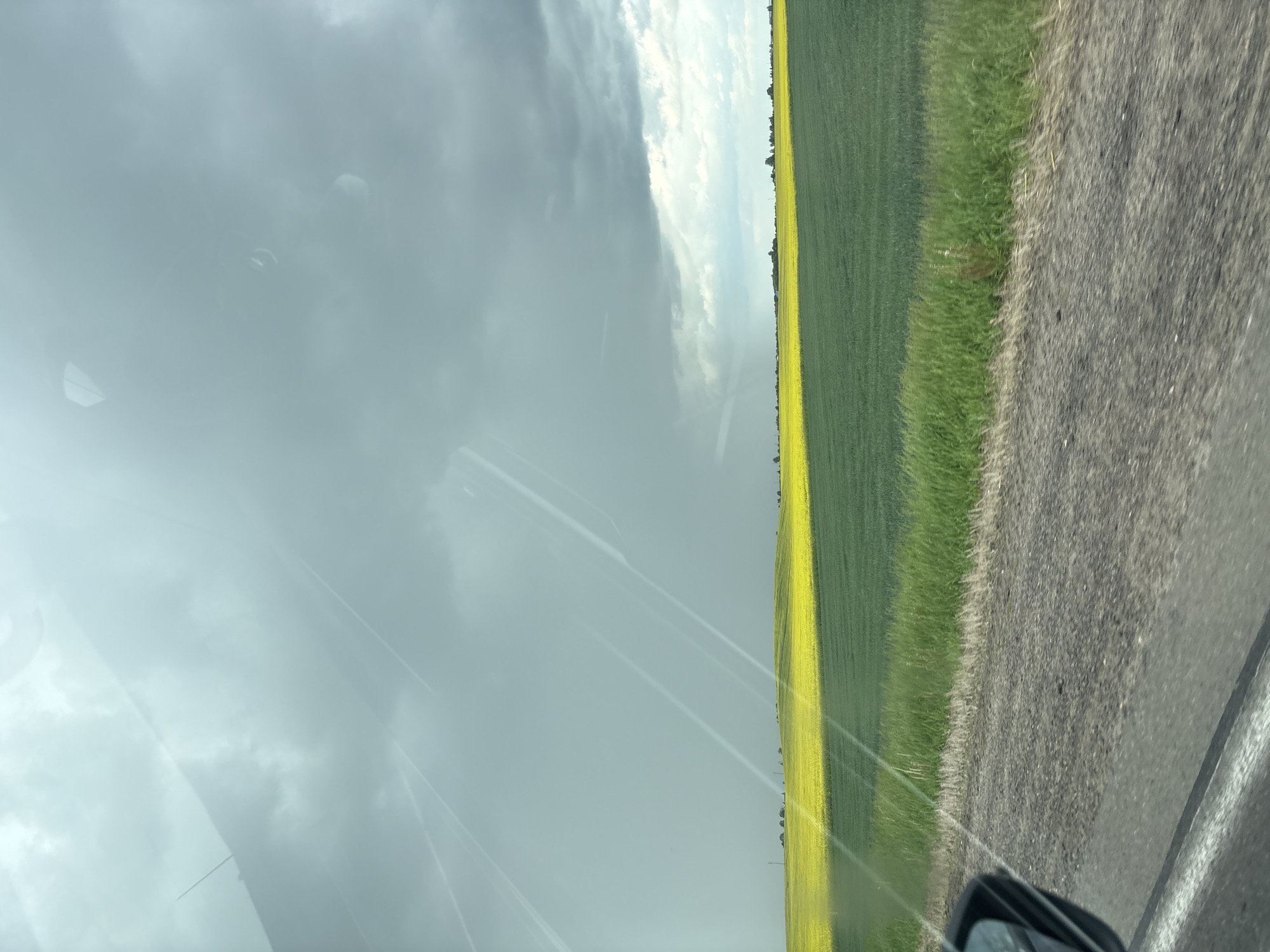 The image shows a view from inside a vehicle, possibly a car, of a rural landscape. The right side of the frame shows a field of green crops with some yellow flowers, likely rapeseed or canola, alongside a road with a white line marking the edge. The road surface appears asphalted and slightly coarse.
The left side of the image is dominated by a cloudy sky, indicating potentially inclement weather. There are reflections visible on the glass, suggesting the image was taken through a windshield. A small portion of a side mirror is visible in the bottom right corner.
The location is Голацкі сельскі Савет, Belarus, but specific details to pinpoint a particular part of the area are not available in this image. The scene does depict the countryside within this region with the combination of agriculture and road infrastructure. There are no people visible in the image.