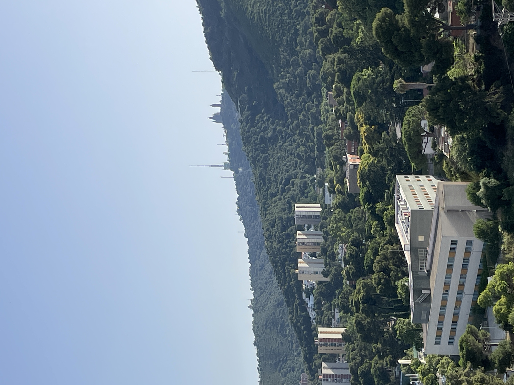 The image captures a daytime, elevated view of a densely wooded hillside in Barcelona, Spain, with several modern buildings scattered throughout the landscape. The sky is clear and a pale blue. In the foreground, a large, rectangular white building with multiple windows and a grey facade runs horizontally across the bottom of the frame. Beyond this building, a dense forest covers the hillside, interspersed with residential structures and taller apartment buildings, some with balconies. In the distance, the top of the wooded mountain is visible, featuring various communication towers and structures, likely including the Tibidabo mountain range, a prominent landmark in Barcelona. The scene suggests a suburban or semi-rural area within the city limits, characterized by a blend of urban development and natural greenery. There are no people visible in the image.