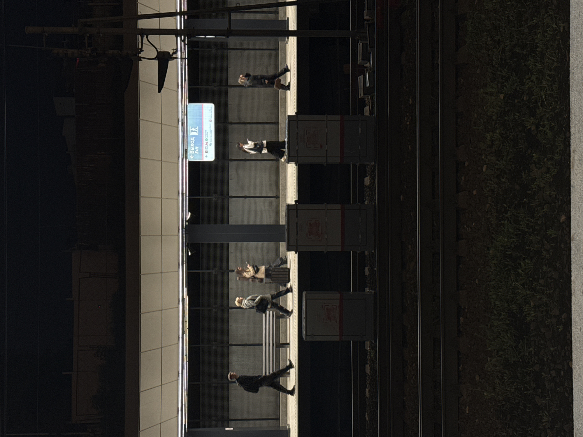 A horizontal shot captures a train platform with several individuals waiting. The platform is bordered by train tracks and a grassy area.
The subjects, from the top of the shot downward, include an individual facing away, a woman in a white jacket, a person in a tan coat, another in a gray coat, and a person in a black jacket.
A sign is visible in the upper center of the scene reading "Выход Exit". The image is likely taken at a train station, possibly in Moscow, Russia, given the Cyrillic lettering.