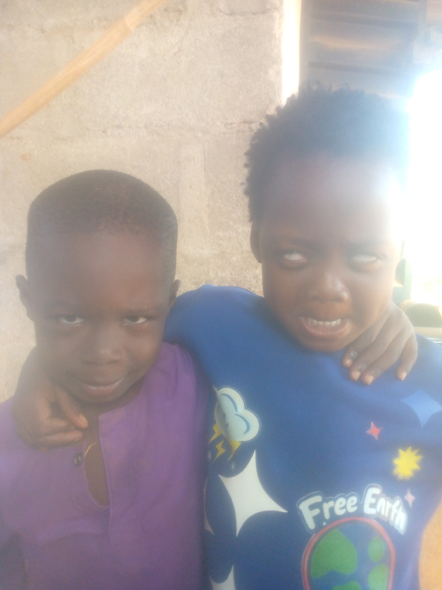 Two young children, likely boys, are depicted in a half-body shot, standing close together. The child on the left wears a purple collared shirt and has a short, dark haircut. He looks towards the camera with a faint, closed-mouth smile. His right arm is draped over the shoulder of the child on the right. The child on the right wears a blue long-sleeved shirt adorned with graphic designs including white clouds, yellow lightning bolts, red and yellow stars, and a stylized image of the Earth. The text "Free Earth" is clearly visible in white letters above the Earth graphic on his shirt. This child's eyes are rolled back, showing mostly whites, and his mouth is open, revealing his teeth, suggesting a playful expression or reaction to intense light.
A bright light source, possibly direct sunlight, heavily illuminates the right side of the image, causing significant glare over the face and upper body of the child on the right. The background is a plain, light-colored, textured wall. In the upper left corner, a diagonal wooden stick or plank is visible leaning against the wall. The overall lighting suggests it is daytime.