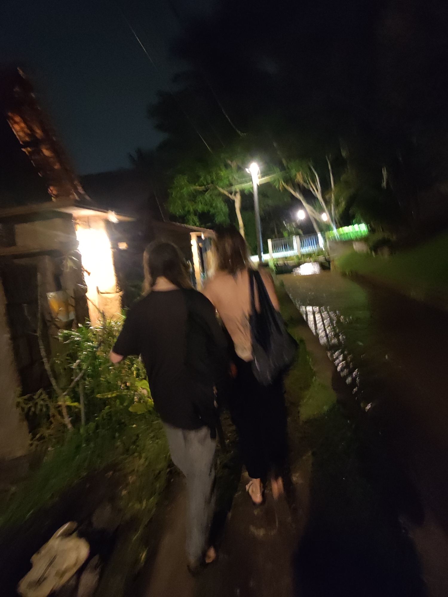 At night in Lokaserena, Indonesia, two individuals are walking along a paved pathway adjacent to a water-filled ditch. One individual wears a black shirt and light-colored pants, while the other wears a light-colored top and black pants, with a dark-colored bag on their shoulder. Streetlights illuminate the path, trees, and a white fence in the background. A building with a lit-up interior is to the left of the path. The surrounding environment includes foliage.