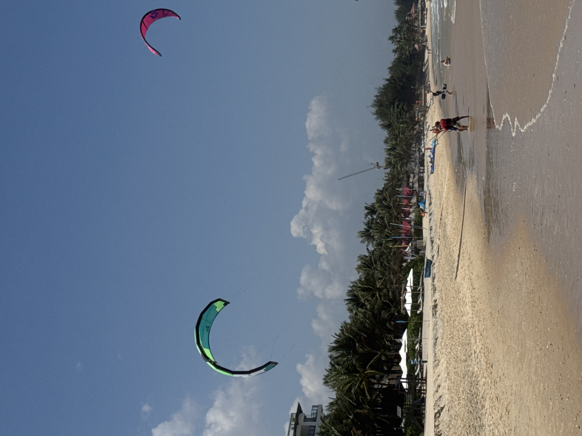 In Mũi Né, Vietnam, a bright, sunny day unfolds on a sandy beach. The ocean gently laps at the shore, with waves creating foamy white lines. Two kitesurfers are actively engaged in their sport. In the mid-ground, a person wearing a red vest and dark shorts is preparing to kite surf, holding onto the kite's control bar, while another person stands nearby. Further out in the water, a second kitesurfer is mid-air, performing a jump with their kite. In the sky, a large, green and black kite is visible in the upper left quadrant, while a pink kite is in the upper right quadrant. The background features a line of palm trees bordering the beach, beyond which are buildings with white umbrellas set up on the sand, suggesting a resort or recreational area. A construction crane is also visible in the distance.