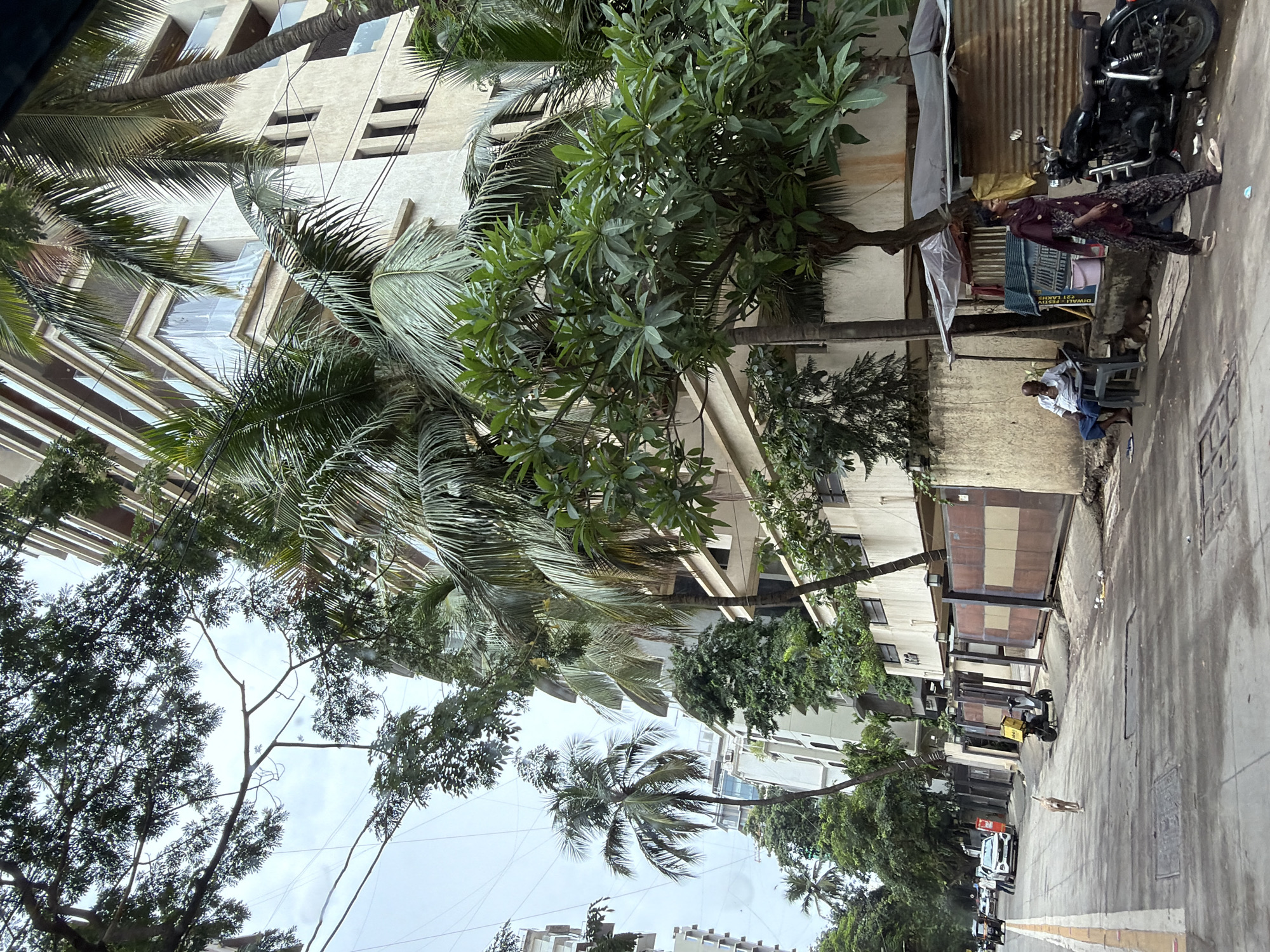 This is a street-level view of a residential area in Mumbai, India, likely Bandra West, based on the architecture and vegetation. The image captures a typical urban scene with a mix of modern apartment buildings and older structures.
In the foreground, a narrow street is visible with a white line marking the edge of the road. A small, tan-colored dog is walking away from the camera down the street. To the right of the street, a black motorcycle is parked. A woman wearing a dark maroon patterned outfit is walking away from the motorcycle and towards the camera. Next to her, a man in a white shirt and blue pants is seated on a gray chair under a temporary shelter. A small brown dog lies at his feet.
Further down the street, a white car and a scooter with a yellow box are visible. Several large apartment buildings with balconies and windows dominate the background. Lush green trees, including palm trees, are interspersed throughout the scene, indicating a tropical climate. Overhead, electrical wires crisscross the sky. The buildings are characterized by their beige and white facades, with some featuring glass balconies. The overall atmosphere is one of everyday life in a bustling Indian city.