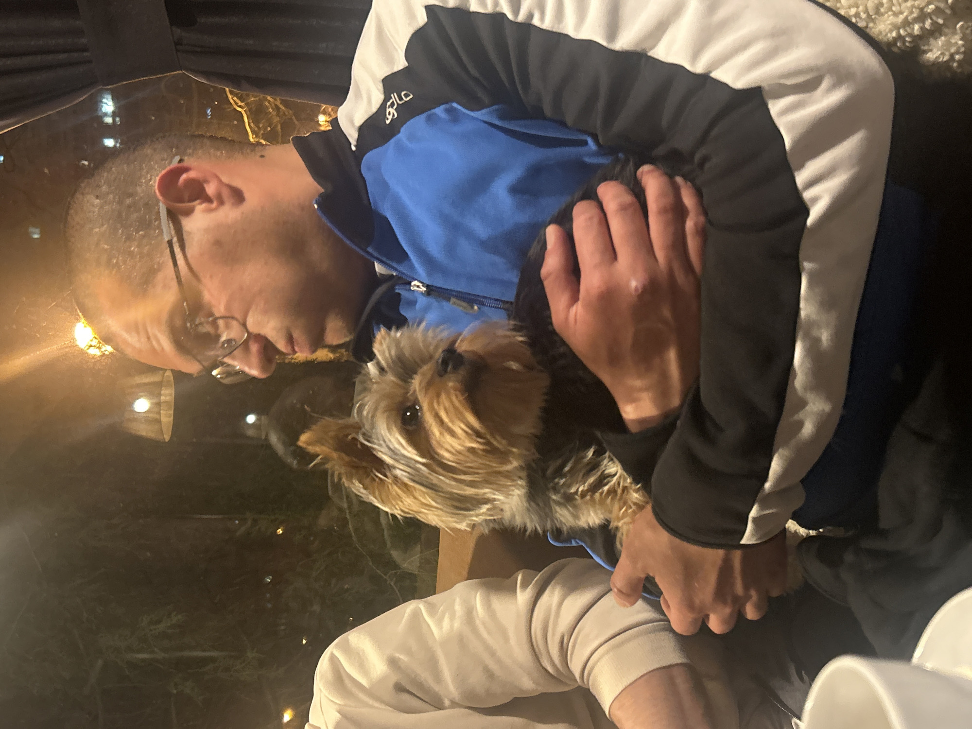 A man with short hair and glasses is holding a Yorkshire Terrier dog. The man is wearing a blue, black, and white jacket. They appear to be in an outdoor setting, possibly a restaurant or cafe, as evidenced by outdoor lights and what appears to be a window reflecting the night scene. It is not possible to establish their location as Varna, Bulgaria.
