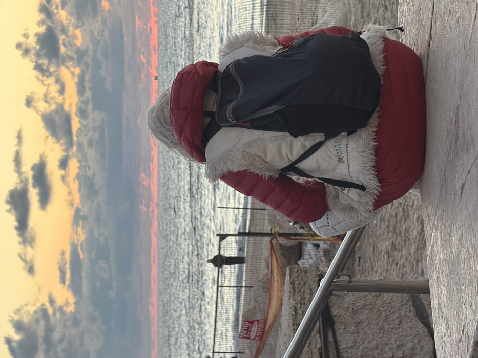 The image captures a serene coastal scene in Tel-Aviv, Israel, at either sunrise or sunset. The primary subject, viewed from behind, is a person sitting or standing on a stone surface, gazing out at the sea. They are dressed in a thick red puffer jacket with a cream or white body and fur-lined trim, and are carrying a dark backpack. Light-colored hair is visible from beneath their hood.
The sky above displays a beautiful mix of warm golden-orange and soft pink hues along the horizon, transitioning into darker grey and blue tones higher up, with scattered clouds adding texture. The sea shimmers, reflecting the sky's colors. In the distance, a silhouetted figure stands by the water's edge, appearing to be observing the view as well.
In the foreground, a silver metal railing is present on the left, leading down towards the water. The person is positioned on a rugged, light-colored stone or concrete structure. Further towards the sea, a dark fence line runs parallel to the shore, and below it, an orange and yellow barrier or netting is visible. Faint red text on this barrier is partially discernible, possibly reading "PRIp" followed by another word, suggesting a warning or construction notice. The overall atmosphere is tranquil and contemplative, emphasizing the beauty of the coastal landscape during the golden hour.