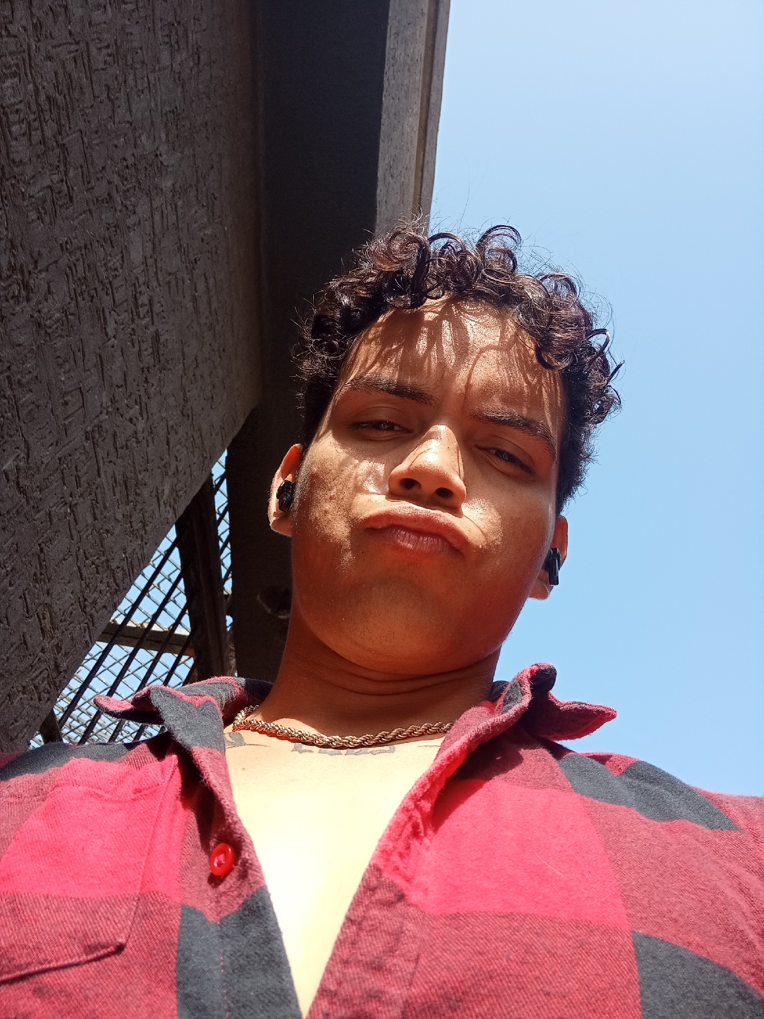 A low-angle selfie captures a young man looking directly at the camera, posing with a distinct pout. He has dark, curly hair and a medium skin tone, with strong shadows cast across his face from the direct overhead sunlight. He is wearing a red and black plaid shirt, unbuttoned to reveal a gold-colored chain necklace on his chest. Black earbuds are visible in both ears.
The setting appears to be outdoors on a very sunny day, indicated by the clear bright blue sky occupying a significant portion of the background and the harsh, well-defined shadows. To the left, a dark gray wall with a textured, patterned surface is visible. Behind him, and to the left of the frame, there's a metal grate or lattice structure, through which more of the bright blue sky can be seen. The overall impression is casual and playful. There is no visible text in the image. The location context for this image is Juan Griego, Venezuela.