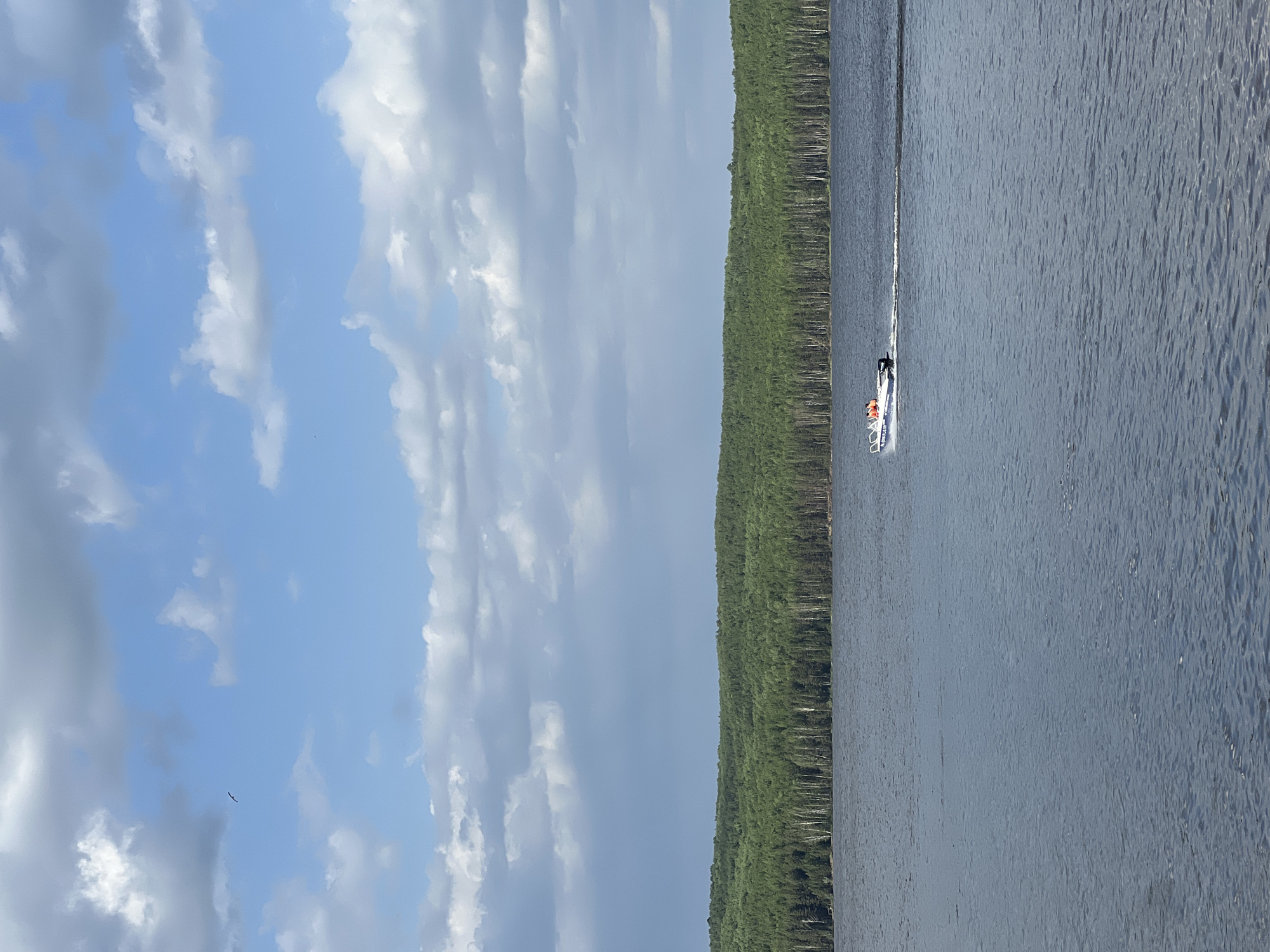 The image shows a landscape with a body of water, likely a river or lake, running vertically through the right side of the frame. A forest of tall, thin trees lines the left bank of the water. On the water, a small motorboat or jet ski with two people on board is traveling away from the viewer. The sky occupies the upper left portion of the image and is filled with numerous white and gray clouds against a blue background. The scene appears to be outdoors and taken during the day. The location of the image is at the city of Chaikovsky, Russia.