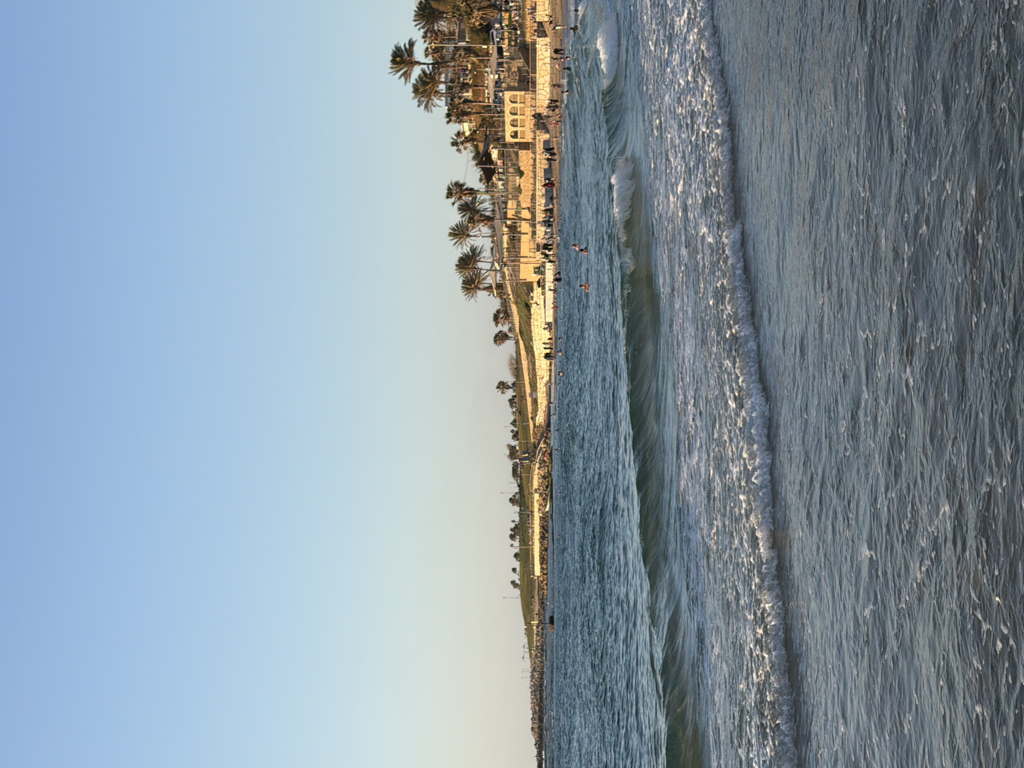 This is a panoramic, wide-angle shot capturing a lively beach and coastline in Tel-Aviv, Israel, during what appears to be the late afternoon or early evening. The clear, bright blue sky fills the upper left portion of the image, gradually transitioning to a lighter, warmer hue towards the horizon.
The coastline runs horizontally across the middle of the frame. On the left, a gentle grassy slope with a paved pathway is visible, dotted with a few trees and people. As the coastline extends to the right, it becomes a more developed urban beach promenade. This section is densely populated with numerous tall palm trees, several multi-story buildings (some featuring distinctive arched windows), and many people strolling or relaxing on the sandy areas. The architecture suggests beach-side facilities or residences.
The right half of the image is dominated by the Mediterranean Sea. The water is a deep blue-grey, with visible waves breaking and creating white foam as they approach the shore. The soft, golden hour light reflects off the water's surface, creating shimmering patterns. Numerous individuals are scattered along the beach and in the sea, engaging in various leisure activities such as swimming, walking by the water's edge, or perhaps surfing.
The overall scene depicts a bustling yet relaxed atmosphere, indicative of a popular urban beach destination on a warm, sunny day. There is no visible text in the image.