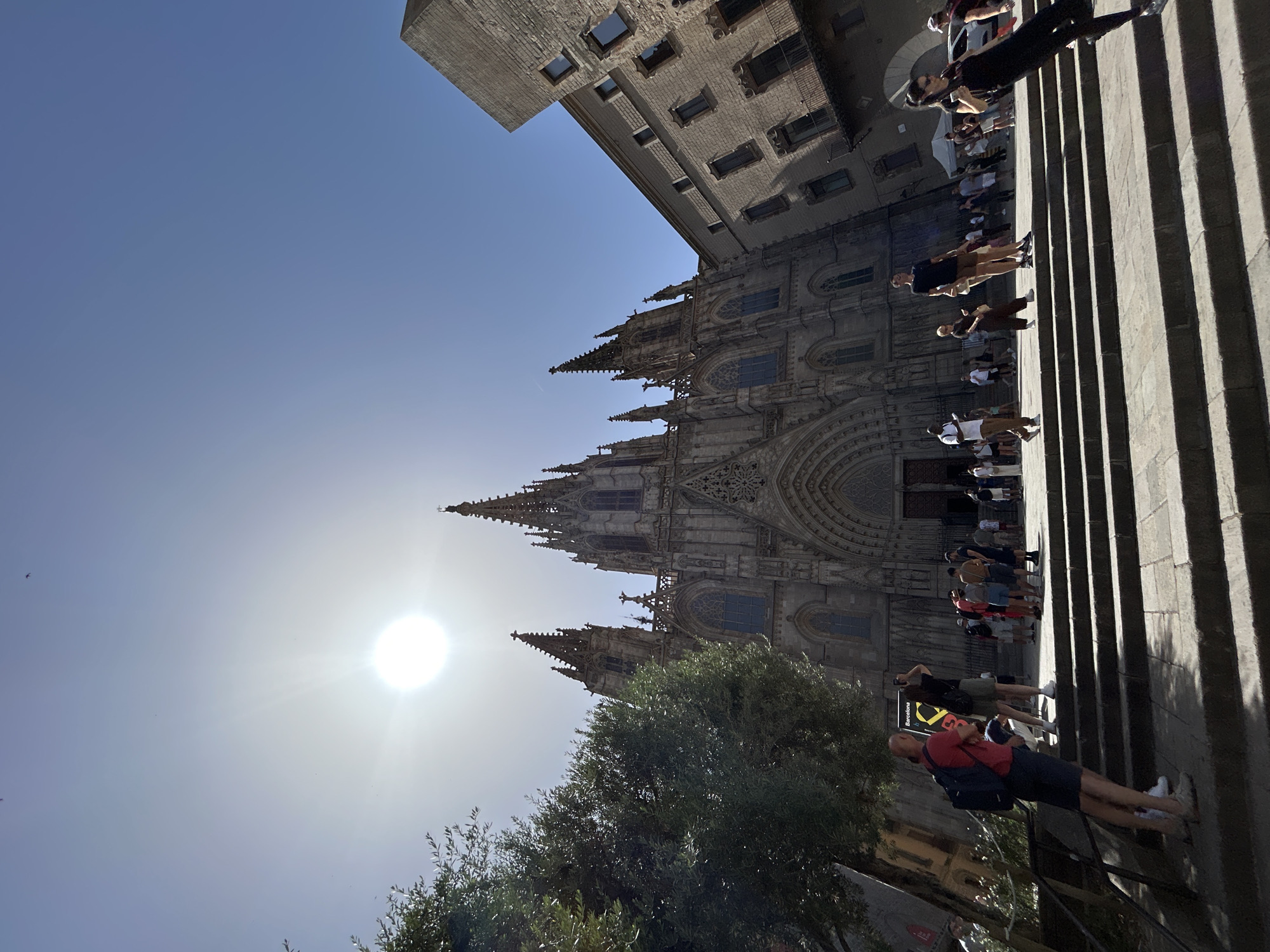 The image shows a wide-angle, low-angle shot of the Barcelona Cathedral in Barcelona, Spain, on a sunny day. The sun is high in the sky and bright, creating some lens flare and washing out the upper portion of the image. The cathedral, a Gothic structure, dominates the background with its intricate facade, spires, and arched entrance. To the left of the cathedral, a large tree with dark green foliage is visible. To the right, a stone building with multiple windows and balconies is partially visible.
In the foreground, a wide set of stone steps leads up towards the cathedral. Several people are scattered across the steps and in front of the cathedral. On the steps, on the left side, a man in a red shirt and dark shorts with a backpack is looking towards the cathedral. To his right, another person is taking a photo with a phone. Further up the steps, a group of people are gathered, some appearing to be tourists. Towards the center and right of the steps, various individuals are standing and walking, some with bags or phones in hand. The overall scene depicts a popular tourist destination with visitors exploring the historic architecture under clear skies.