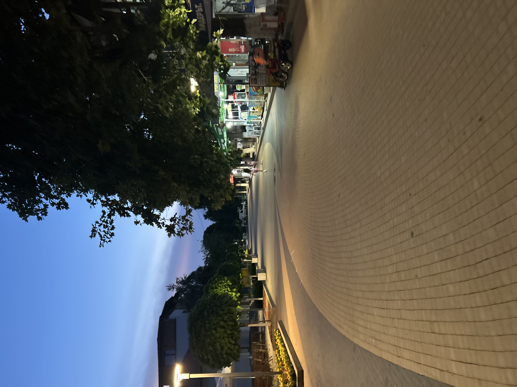 The image depicts an evening scene on a pedestrian street in Dzhebel, Bulgaria. The sky transitions from a deep blue overhead to a lighter blue with subtle pink and purple hues near the horizon, indicating dusk or early night.
The foreground is dominated by a wide, light-brown paved walkway composed of rectangular bricks laid in a curved pattern, directing the eye along the street. On the left, several modern streetlights with warm yellow illumination are spaced along the pathway. Beneath these lights are raised planters containing bright yellow flowers and a series of meticulously trimmed, spherical trees, casting distinct shadows on the pavement. Further back on the left, an outdoor seating area with tables, chairs, and white umbrellas is visible next to a building.
On the right side of the street, a continuous line of large, leafy trees forms a dark canopy, their foliage partially illuminated by the ambient and artificial light. Beneath these trees are various commercial establishments, characterized by vibrant green awnings, illuminated interiors, and signs displaying Cyrillic text, including "ЛИДЕРЪТ" (LIDERUT). A small red toy ride-on vehicle is parked on the pavement in front of one of these shops. Two individuals, appearing to be young adults or children, are walking away from the camera on the right side of the paved area, moving further down the street.
In the mid-ground and background, the street continues to curve slightly to the right, lined with more buildings, streetlights, and additional shops. A white van is discernible parked on the right side of the street in the distance. The overall lighting is a mix of dim natural twilight and the prominent warm glow from streetlights and shop illuminations, creating a tranquil yet active evening atmosphere.