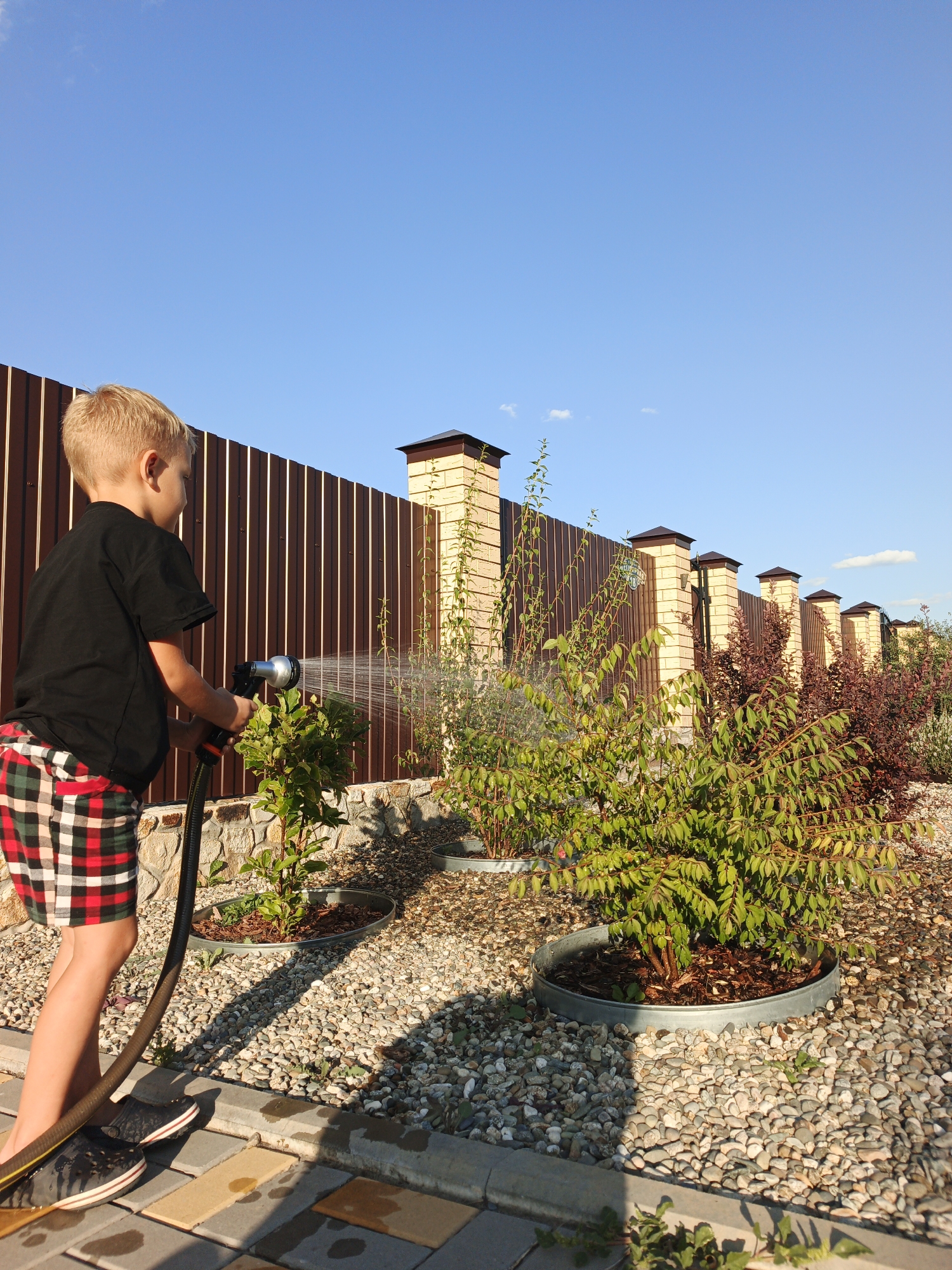 A young boy with blonde hair, wearing a black t-shirt and red, white, and green plaid shorts, stands on a paved area and waters plants with a hose. He is facing right, holding the hose with both hands, directing water onto a small green bush in a circular metal planter. The boy is wearing black clogs. Behind him is a brown corrugated metal fence with brick pillars topped with dark caps. The ground is covered in small, light-colored gravel, and there are several more bushes in similar planters. Some of the bushes have reddish leaves. The scene is set outdoors under a clear blue sky with a few wispy white clouds. The sunlight casts shadows on the ground. The location is identified as Repnoe, Russia.