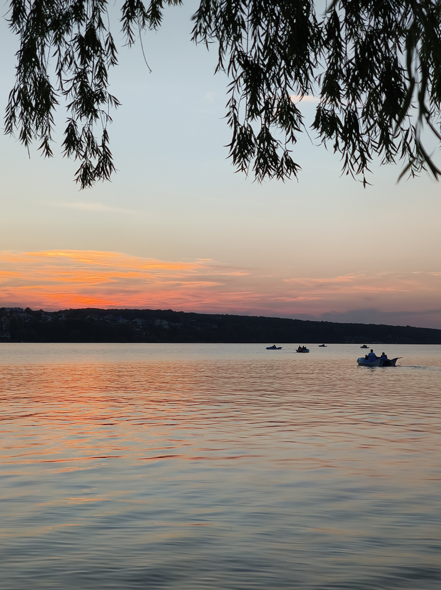 The image depicts a sunset scene on a body of water, likely Ternopil Lake, given its popularity for recreational boating. Overhanging willow branches, silhouetted against the sky, frame the top of the scene. The sky displays a gradient of soft pastel colors, transitioning from a pale blue at the top to hues of orange and pink near the horizon, indicative of sunset. A distant, dark treeline borders the far side of the water, with hints of buildings nestled within the foliage. Several small boats are scattered across the water. One boat in the foreground contains two individuals, appearing to be a couple, enjoying a leisurely ride. Further out, other boats with occupants can be observed, suggesting a popular recreational activity. The water's surface is gently rippled, reflecting the warm colors of the sunset, creating streaks of orange and pink interspersed with cooler blue tones. The overall atmosphere is serene and picturesque.