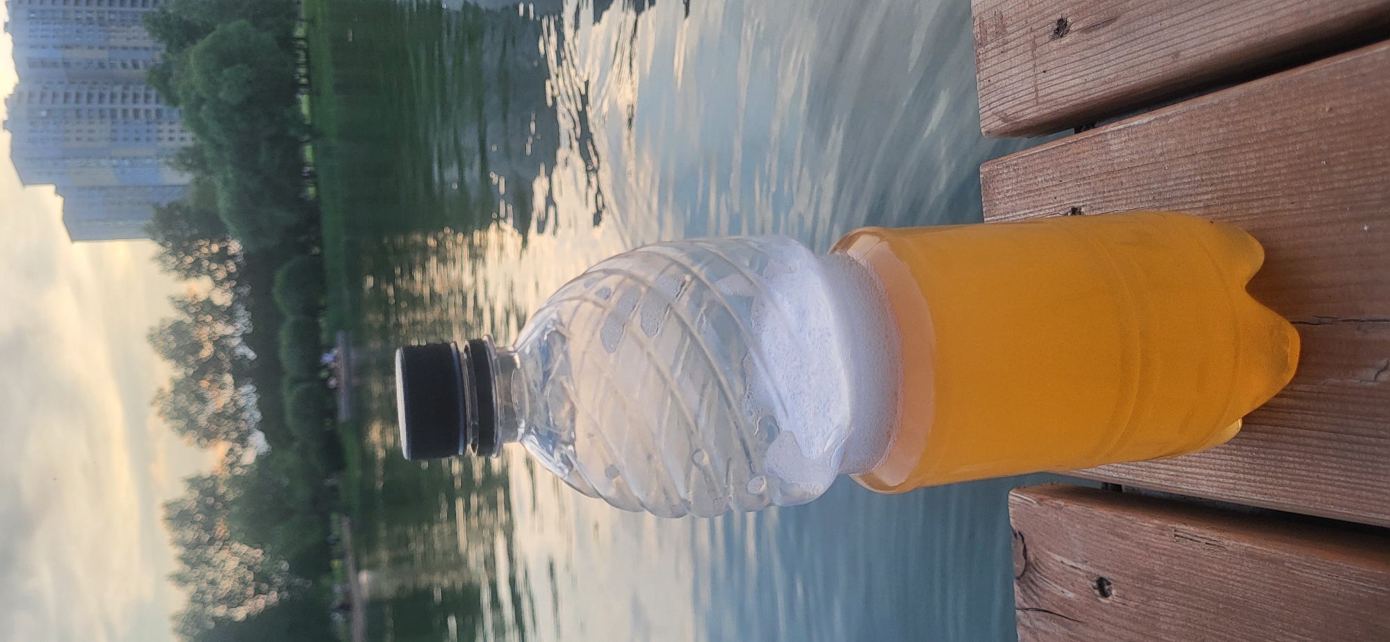 A plastic bottle containing a yellow liquid and white foam sits on a wooden dock. The bottle is positioned in the foreground, with a body of water in the background. Trees and buildings are visible on the far shore of the water. The sky above is a pale yellow, suggesting either sunrise or sunset. The overall scene depicts an outdoor setting by a lake or river, likely in a park or urban waterfront area.