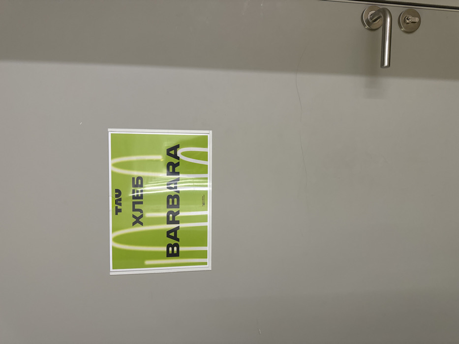 The image displays a light gray interior door, with a darker vertical shadow line indicating an adjacent wall or corner on the right side. Centered on the upper half of the door is a rectangular sign, held in place by a white frame. The sign features a bright green background with several vertical, white, inverted U-shaped patterns. Black sans-serif text is prominently displayed on the sign: "TAU" at the top, "ХЛЕБ" (Cyrillic for 'BREAD') in the middle, and "BARBARA" at the bottom. Very small, partially obscured text is visible at the lower center edge of the sign. The door is equipped with a silver-toned, horizontal lever-style door handle and a corresponding keyhole assembly located on its right side. Faint scuff marks and minor surface irregularities are present on the door. No individuals or active interactions are depicted within the scene. This scene is located in Moscow, Russia.