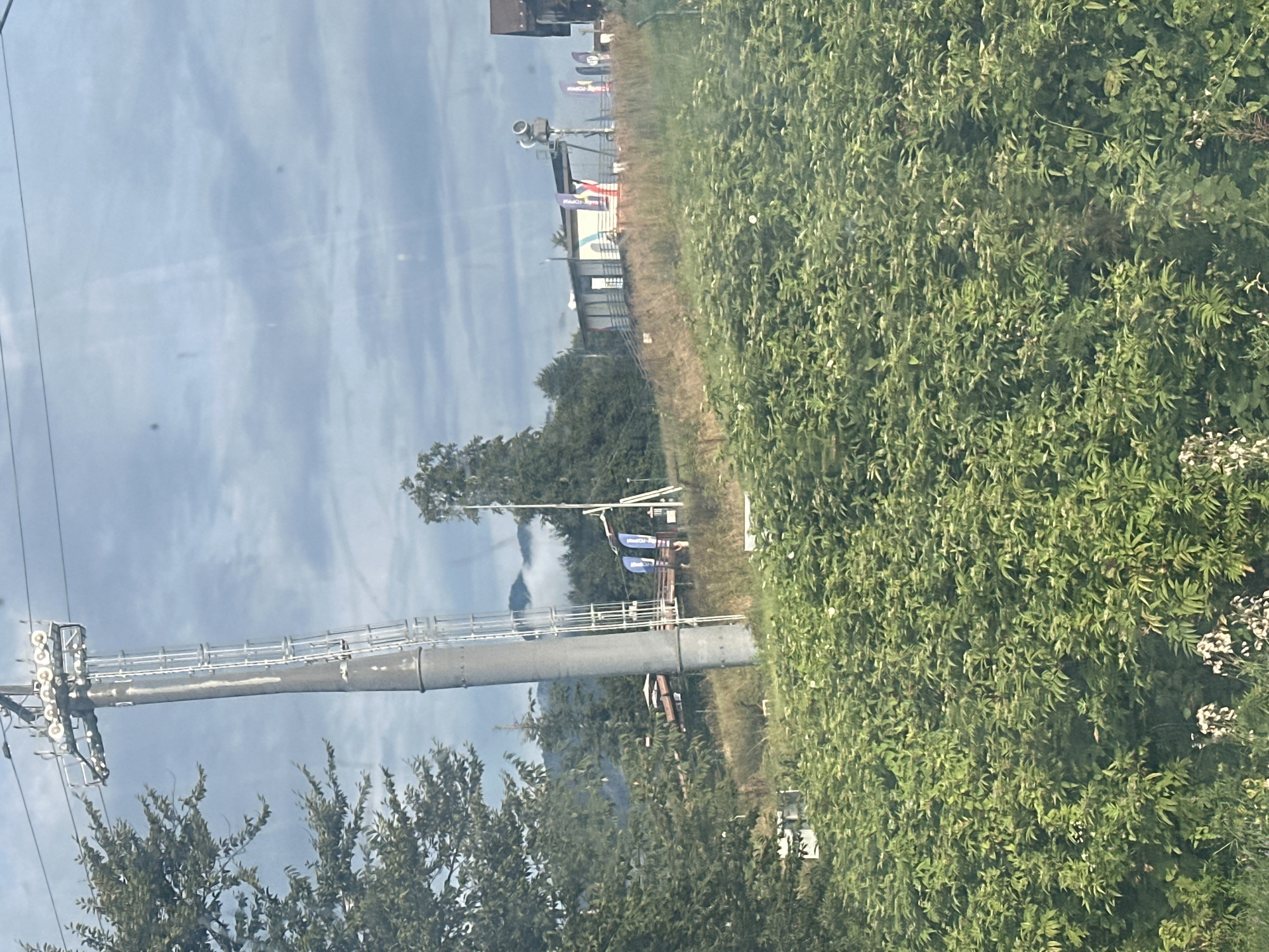 The image captures a ski lift tower in Estosadok, Russia, against a backdrop of a cloudy sky and lush green vegetation. The ski lift tower is made of metal and has a ladder running up its side. In the background, there are trees and mountains, some of which are shrouded in mist. A building with flags is visible on a hill, possibly a ski lodge or station. The foreground is dominated by dense green bushes and some white flowers. The overall scene suggests a mountain resort in a natural setting. There are no people visible in the image.