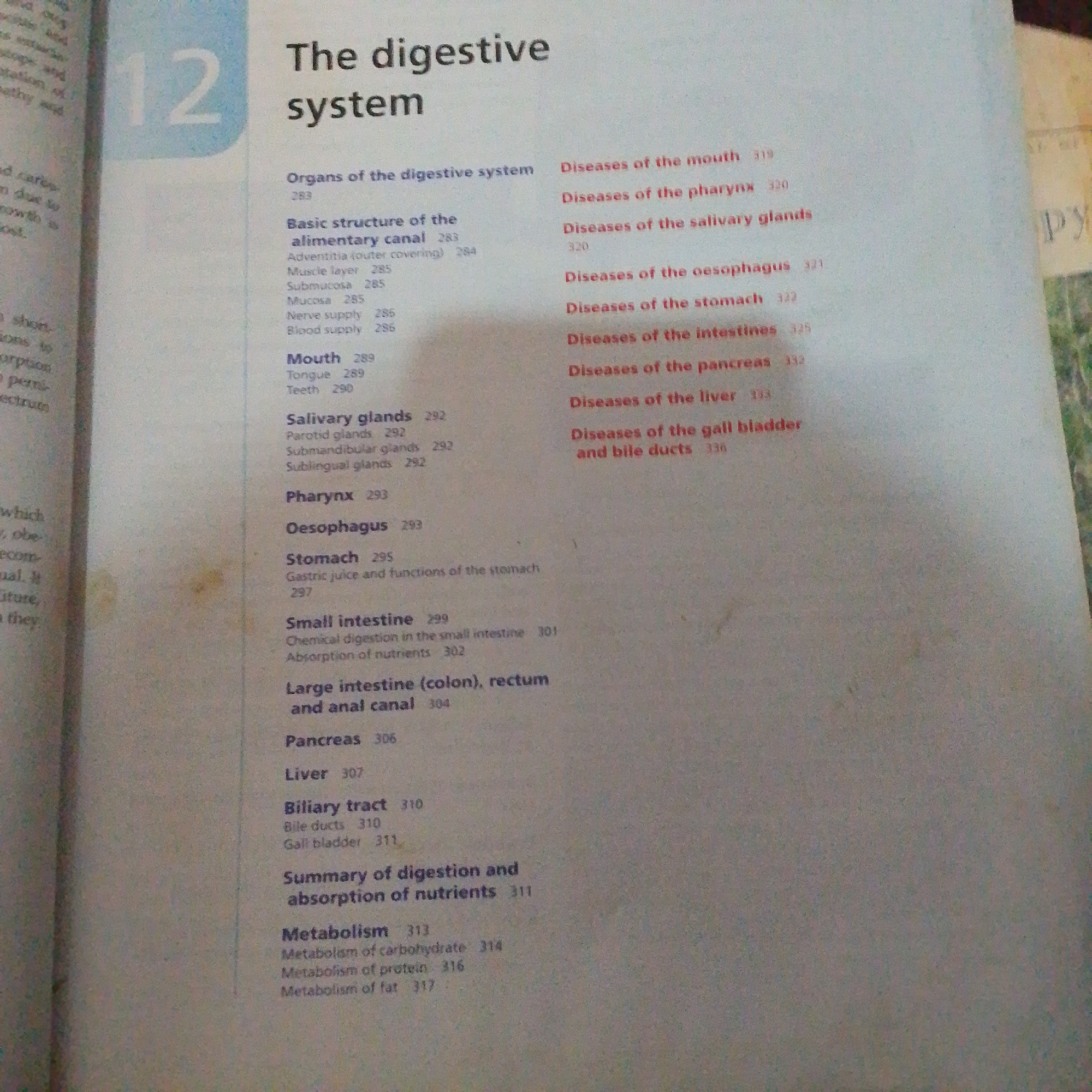 The image shows a page from a book, likely an index or table of contents, detailing the digestive system. It is not possible to determine the location in Jalingo, Nigeria from this image, as the content is solely text-based and does not contain any geographical indicators.