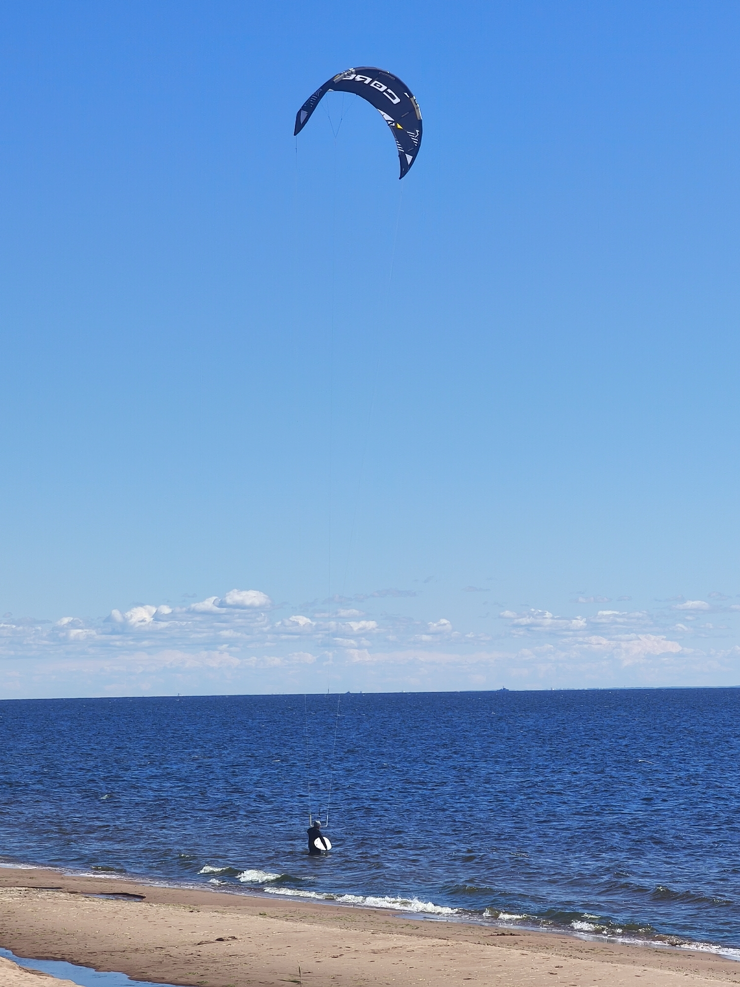 A kitesurfer stands in the shallow water of a beach in Zelenaya Roshcha, Russia. The kitesurfer is wearing a dark wetsuit and is holding onto the kite control bar. The kite, which is black and white with text, is high in the sky. The sea is a deep blue with small waves. The beach is sandy and there are some logs on the shore. The sky is clear and blue with a few white clouds. In the distance, there are some boats on the water.
