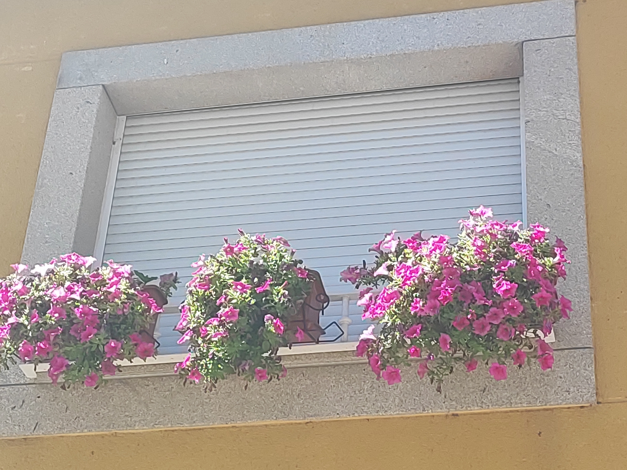 This is a medium shot of a window with a light gray stone frame and a closed, light gray roller shutter. Three planters with abundant pink flowers are hanging from the windowsill. The planters are brown and have a rustic appearance, with some decorative metalwork visible in the center planter. The building's facade is a warm yellow color. The scene is set in Lumbrales, Spain. There are no people visible in the image.
