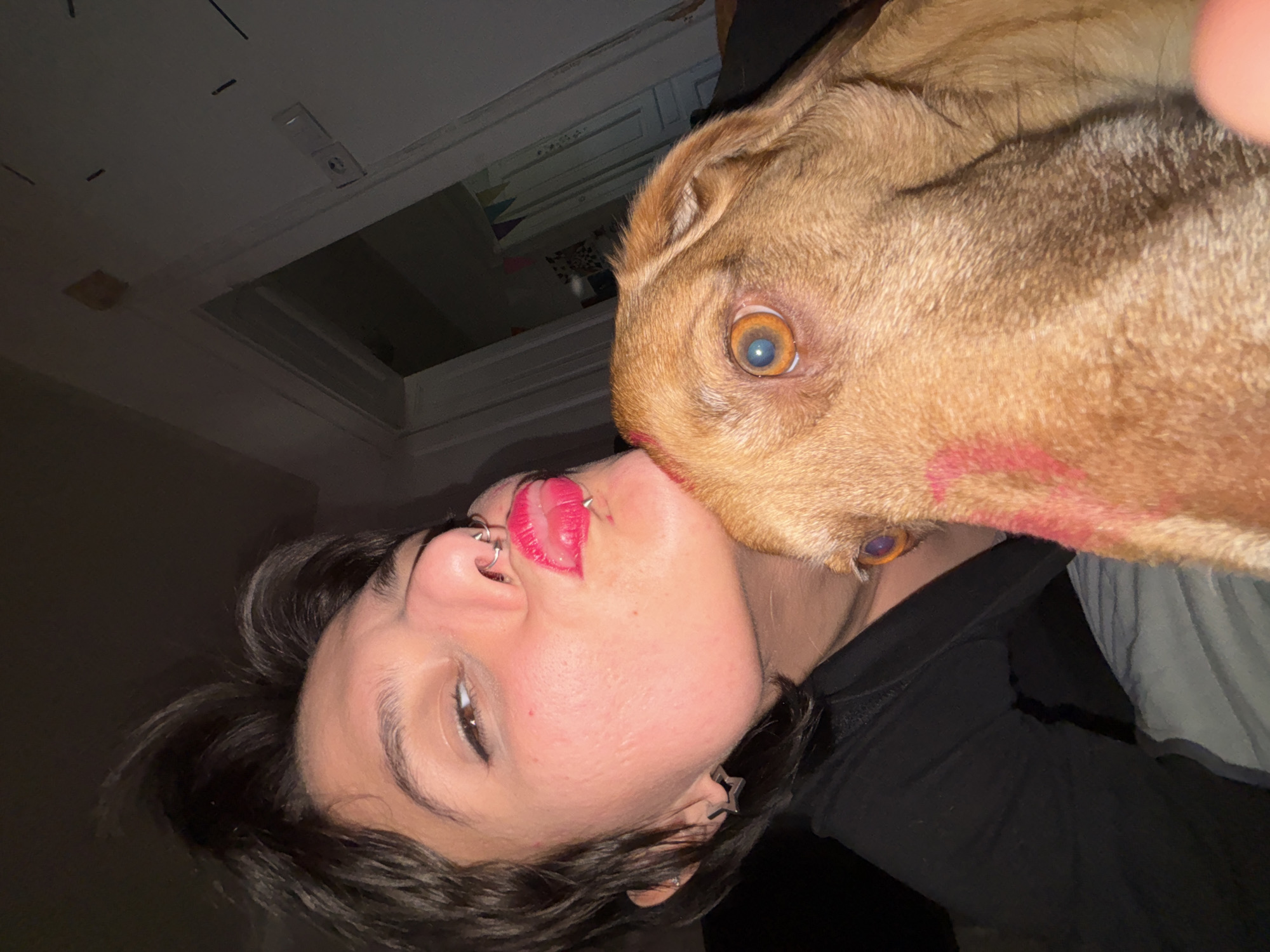 A low-angle shot captures a human face and a dog's head in close proximity. The human has fair skin, dark hair, a nose ring, lip piercings, and is wearing red lipstick. The dog, a golden-brown color, appears to be interacting with the human face. A red lipstick mark is visible on the dog's fur. The human is wearing a black shirt or jacket. The background shows a ceiling with what appears to be an open skylight or access panel. The location is likely indoors, but information sufficient to identify the city of Sofia, Bulgaria, is not present in the image.