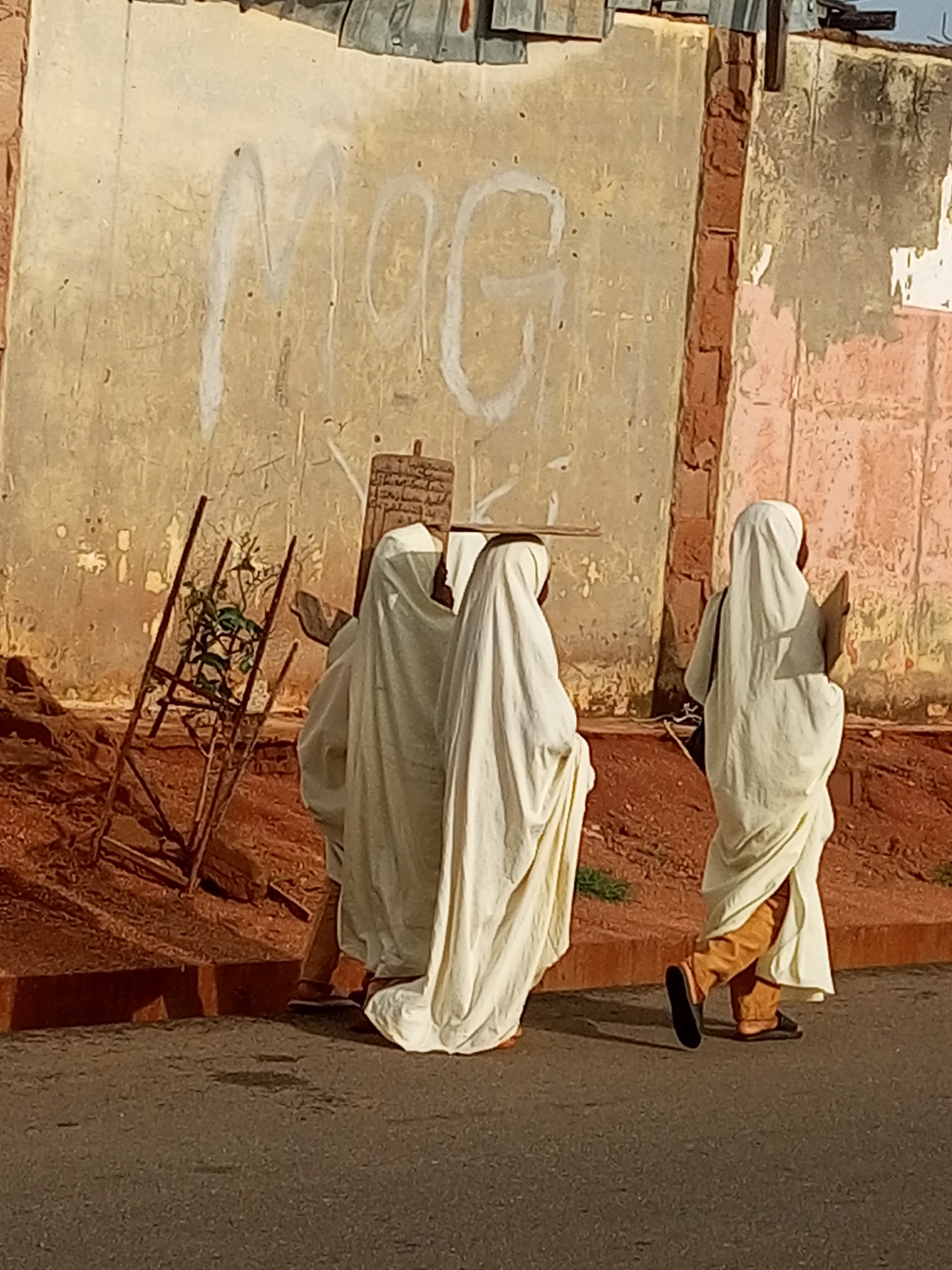 In a street scene in Tempure, Nigeria, three individuals, two of whom are wearing traditional white attire that covers their bodies and heads, are visible. The person on the right is walking away from the camera, wearing tan pants beneath their white covering and dark sandals. The other two figures are positioned closer to the center of the frame, also covered in white, and appear to be stationary or walking slowly towards the left. One of these individuals is holding a flat, rectangular object horizontally over their head, possibly a tray or board.
In the background, a weathered, textured wall dominates the scene, featuring white graffiti. To the left of the wall, a metal structure resembling a rudimentary plant support or trellis is present, with a small green plant growing within it. The ground in front of the wall is a reddish-brown, possibly soil or dirt, with some scattered debris. The foreground consists of a grey asphalt road. The overall lighting suggests a sunny day.