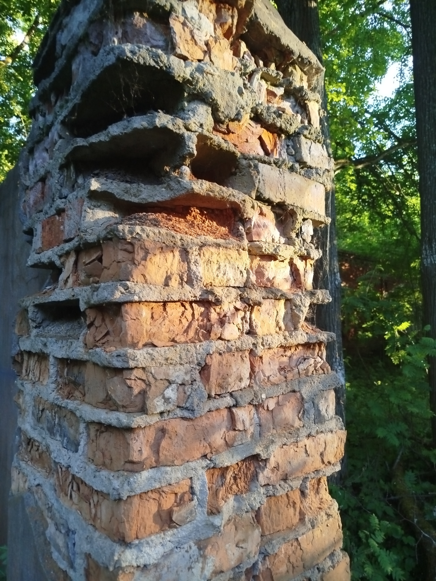 The image depicts a close-up of a crumbling brick structure, likely a pillar or wall remnant, located in Боровково, Russia. The bricks are reddish-brown and heavily eroded, with large gaps and missing sections. The mortar between the bricks is a light gray and is also significantly weathered and crumbling. The structure is partially obscured by the surrounding greenery, suggesting an outdoor setting in a wooded area. Trees and foliage are visible in the background, bathed in sunlight.