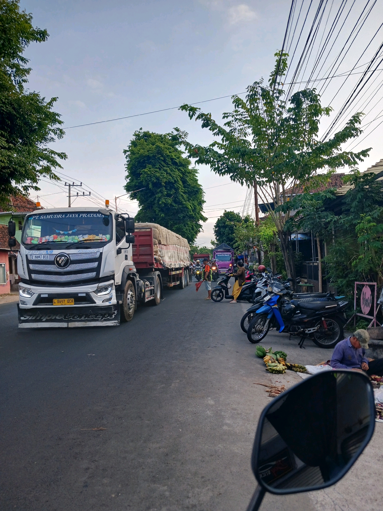 This image captures a street scene in Banyuwangi, Indonesia, likely during the late afternoon or early evening, given the soft lighting. A large white Foton truck, adorned with stuffed animals on its dashboard, is the prominent subject, traveling on the right side of a paved road. The truck has a license plate reading "L 8697 UCA" and the words "Simpleconcept" are visible on its front bumper. It is hauling a large, tarp-covered load.
To the right of the truck, several motorcycles are parked along the roadside, with one blue and black motorcycle being particularly noticeable. A person wearing a blue shirt and a cap is sitting on the ground next to a pile of bananas and other produce, seemingly selling them. A vendor with a purple cart is also visible further down the street.
On the left side of the road, houses with tiled roofs and trees line the street. Overhead, a network of electrical wires crisscrosses the sky. In the distance, other vehicles, including a purple truck, are visible, suggesting ongoing traffic. The overall environment depicts a typical urban street in Indonesia with a blend of commerce and transportation.