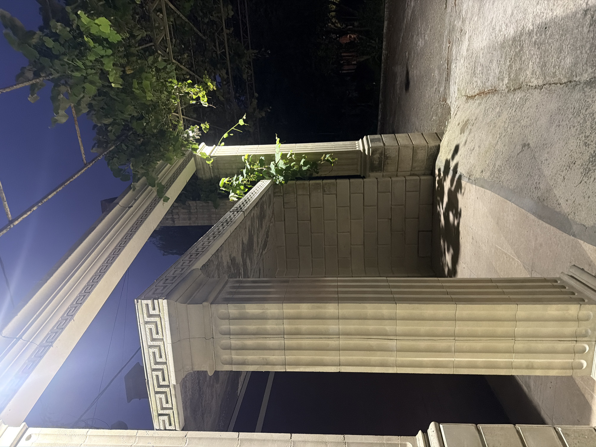 This is a nighttime photograph taken outdoors in Sochi, Russia. The scene depicts architectural elements and vegetation. Prominently featured are classical-style columns, one of which is large and fluted, supporting an overhead structure. Another, smaller column is visible on the right. Decorative Greek key patterns adorn the horizontal beams connecting the columns.
Vines and green leaves are growing over and around the architectural features, suggesting a warm climate and possibly a garden or patio area. The sky is a deep blue, indicating it is either dusk or nighttime, illuminated by artificial light which casts shadows. The ground appears to be paved with concrete.
There is no visible text in the image. The overall mood is somewhat mysterious due to the nighttime setting and the interplay of light and shadow. The focus is on the structural design and the natural elements intertwined with it.