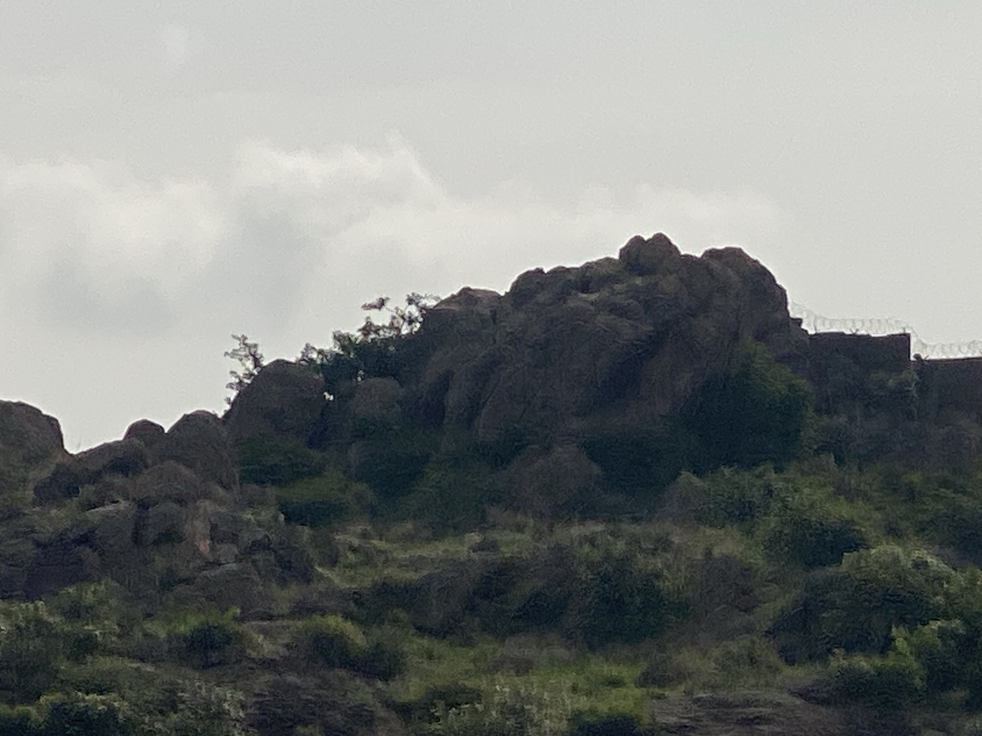 The image shows a rugged, rocky landscape covered in dense green vegetation. The terrain is hilly, with large rock formations dominating the upper portion of the image. In the background, a structure with barbed wire fencing is visible, suggesting it may be a fortified area. The sky is overcast with pale clouds. The scene is devoid of any visible human activity or structures aside from the fence. The location is described as Reifild-Ist, Nigeria.