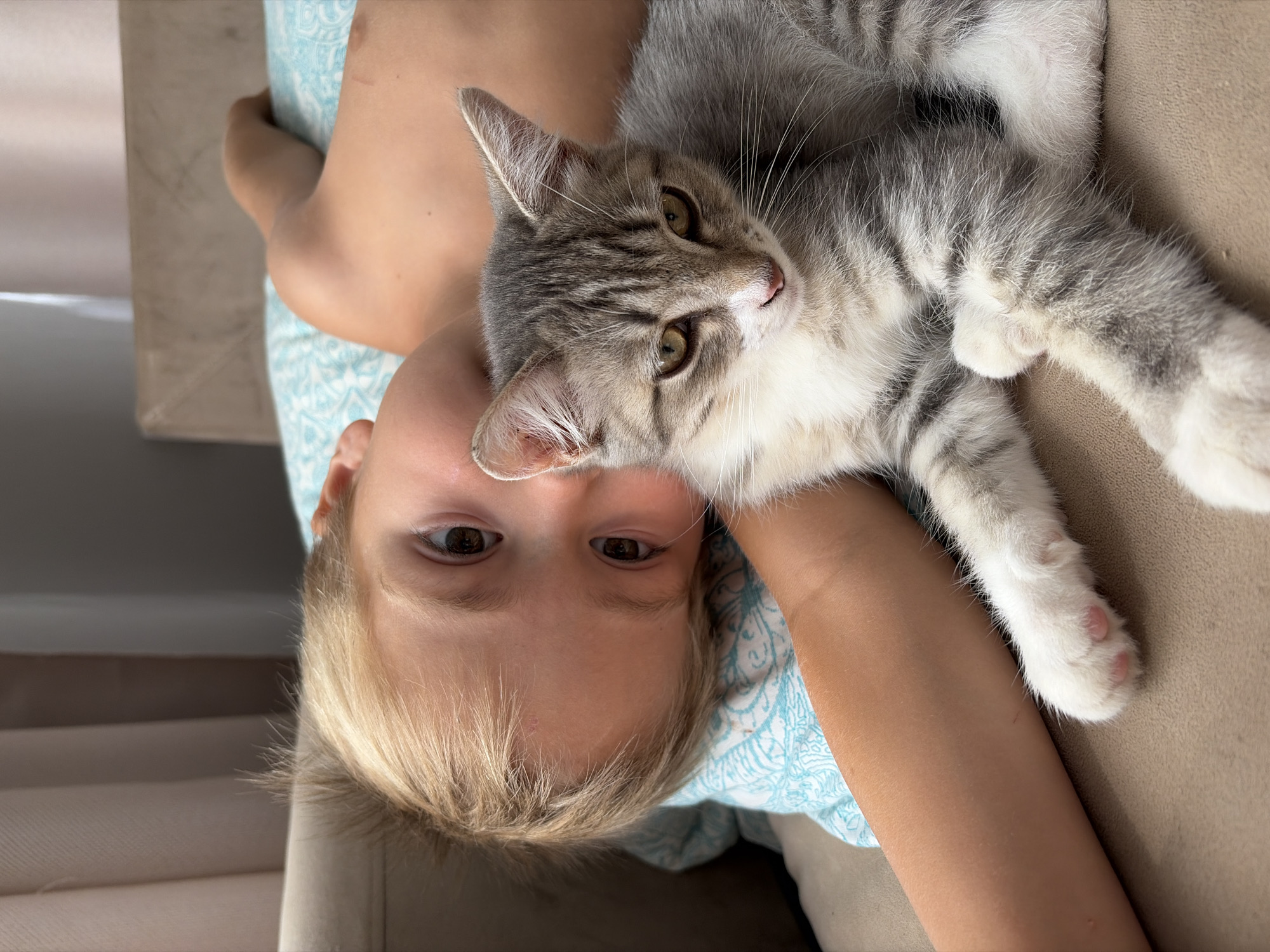 In the city of Olkhovka, Russia, a blonde child lies on a tan couch, their head resting on a light blue and white patterned pillow. To the right of the child, a grey and white tabby kitten is resting on the couch, its front paws extended towards the viewer. The child's bare arm is visible across the kitten. The background consists of a blurred beige headboard and curtains.