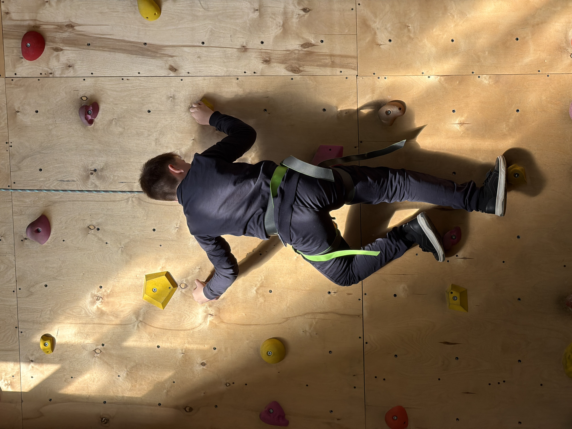 A child in a dark blue tracksuit and climbing harness is climbing an indoor rock climbing wall in Izhevsk, Russia. The climbing wall is made of wooden panels with colorful climbing holds of various shapes and sizes attached. The child is reaching for holds with both hands and has their feet placed on other holds. A rope hangs next to the wall. The lighting appears to be natural daylight.