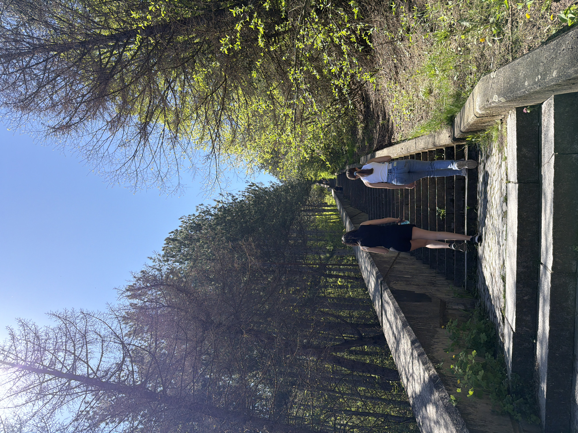 Two people ascend an outdoor concrete staircase lined with stone and metal railings. The staircase is surrounded by trees, some with nascent leaves and others with bare branches. The sky is clear blue. The location is likely in Shumen, Bulgaria, based on the tags. One person wears a white shirt and blue jeans, while the other wears a black dress or top with shorts.