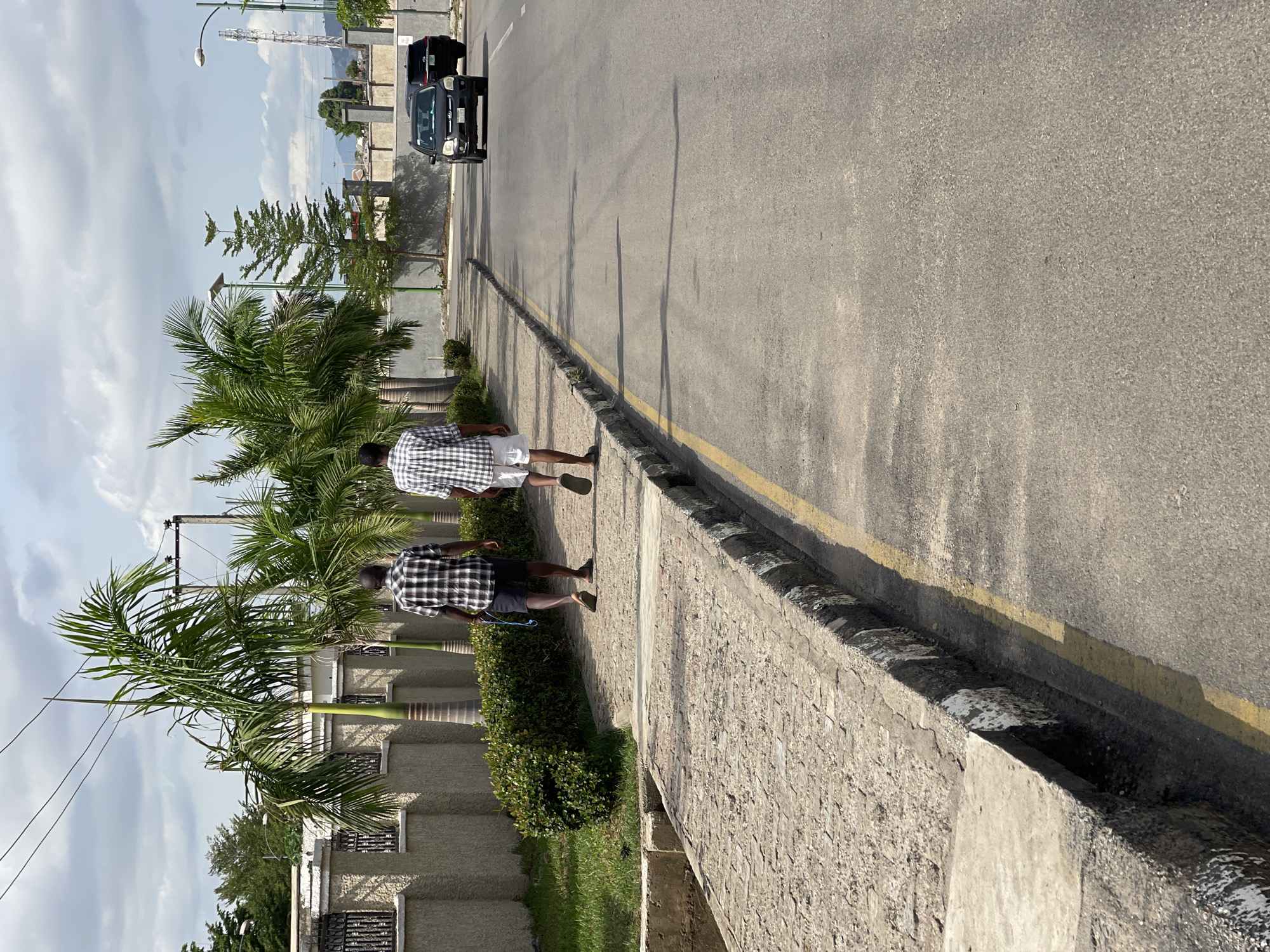 Two people are walking on a sidewalk next to a road in Gosa, Nigeria. The road has a yellow line marking the edge. A black vehicle is driving on the road. Palm trees and shrubs line the sidewalk. A wall with gated sections borders the sidewalk. A communication tower is visible in the background. The sky is partially cloudy.
