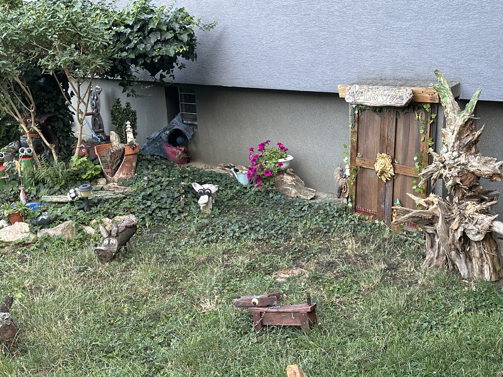 The image depicts a whimsical, outdoor scene that appears to be a decorated yard or garden area. In the upper left, a large tree with lush green foliage overhangs the scene, partially obscuring a light-colored building wall with a horizontal textured pattern. Below the tree, an assortment of garden decorations are visible. These include several carved wooden figures, such as a bear-like creature holding a blue object, a cow with large eyes, and a squirrel. There are also various pots, some containing plants, and a broken terracotta pot. A blue, possibly fabric, creation with a dark opening is partially visible among the greenery.
To the right of the center, a small, rustic wooden door is set into the building's foundation, resembling a miniature entrance. A wooden sign with carved lettering, which appears to read "NARNIA," is mounted above the door. The door is adorned with ivy and a golden lion's head decoration. Beside the door stands a large, weathered, and intricately shaped tree root or stump, also decorated with what appear to be two blue orbs and some leafy elements.
The ground is covered with dense green ivy and patches of grass. Several more decorative items are scattered across the ground, including small wooden animal figures that resemble a dog and a donkey, each with distinct, somewhat comical, facial features. A solar garden light is also visible in the background. The overall impression is one of creative, quirky garden ornamentation. This scene is located in Galanta, Slovakia.