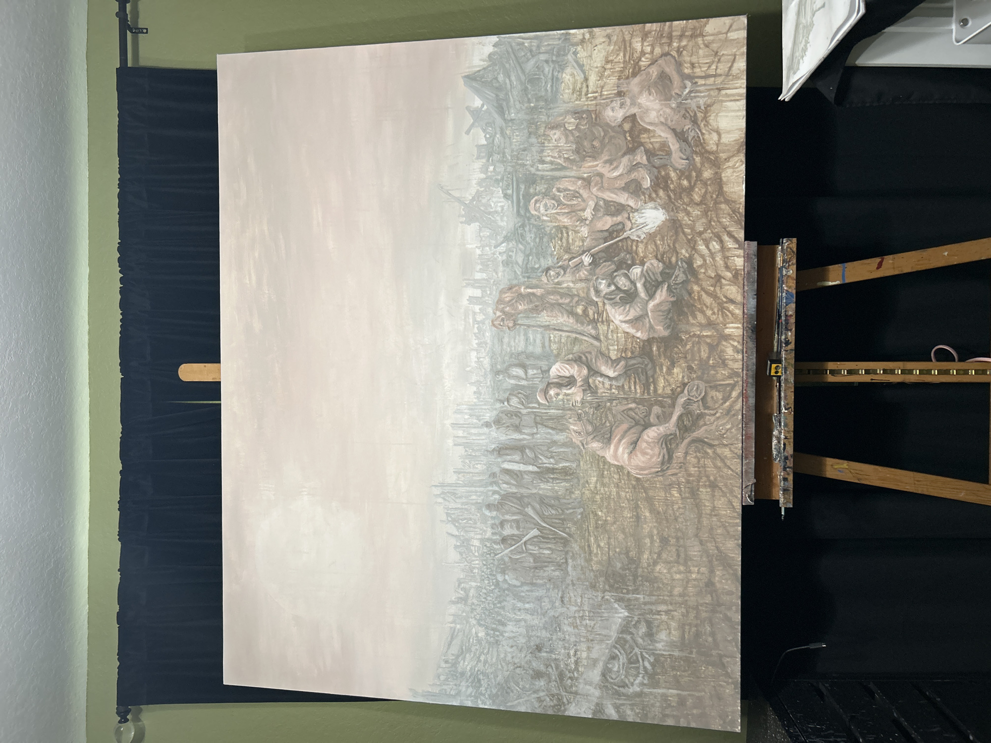 The image shows a large canvas mounted on an easel indoors. The painting on the canvas features a landscape with human figures. On the left side of the canvas, there appears to be a depiction of a cityscape, perhaps veiled in fog or mist, rendered in shades of gray. On the right, a group of figures are represented with muted tones of brown and gray. Some appear to be engaged in work, as one figure is holding a shovel. The style of the painting suggests an allegorical or historical theme. The easel is wooden, and there are paint supplies visible near the canvas, suggesting that it is a work in progress. A black curtain-like backdrop is partially visible behind the easel. The location of Cape Coral, United States of America, cannot be determined from this image.