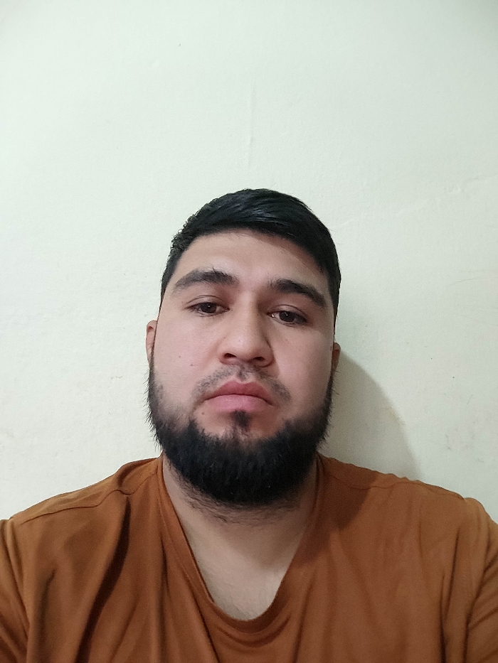 A person with dark hair and a full, dark beard is centered in the frame. They wear a brown t-shirt. The background is a light, slightly off-white wall. The person's expression is neutral, facing directly towards the camera. The lighting appears to be diffused and even, highlighting the features of the face and texture of the beard.