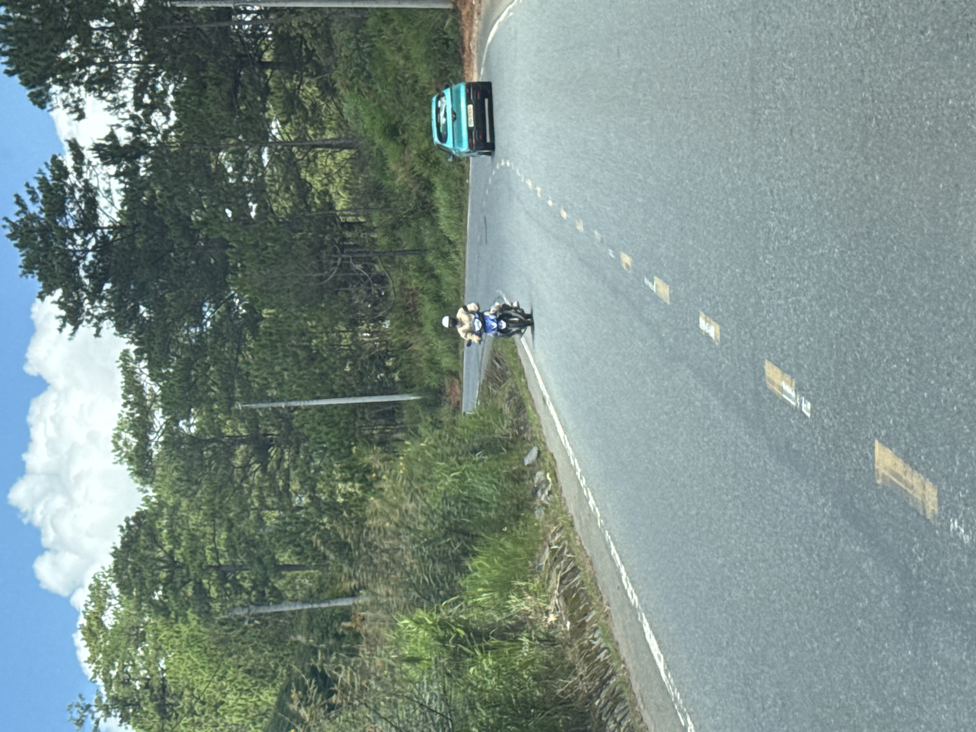 In Thôn 6, Vietnam, on a paved road, a person wearing a white helmet and a light-colored shirt is riding a blue and white motorcycle. The motorcycle is heading away from the camera, towards the right side of the frame. In front of the motorcycle, also heading away from the camera, is a teal colored car. The road is bordered by a grassy and vegetated embankment on the left and a forest of tall pine trees on the right. The sky is blue with scattered white clouds.
