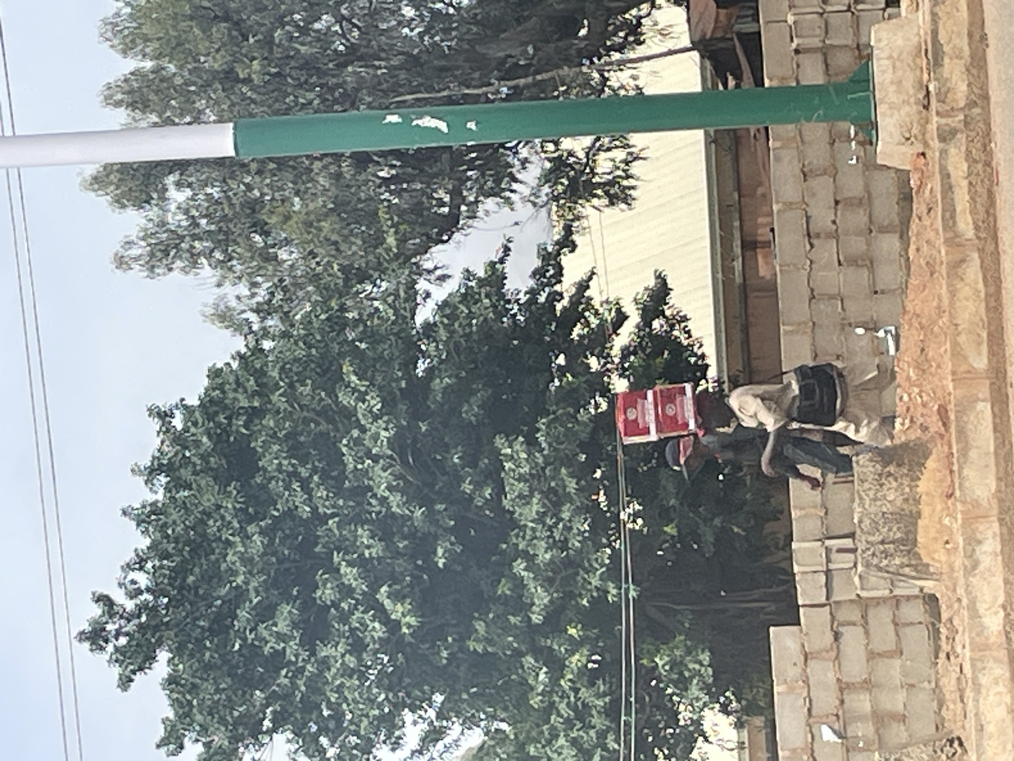 The image shows a street scene in Bukuru, Nigeria. The foreground features a large, leafy green tree. In the background, a man in a light-colored uniform and a backpack stands near a light-colored brick wall. He is looking down, and his posture suggests he is either resting or observing something. Behind him, a red and white sign is partially visible. A green and white striped pole extends across the top of the image. The weather appears to be overcast, and the time of day is indeterminate. The overall setting suggests an urban or semi-urban environment.