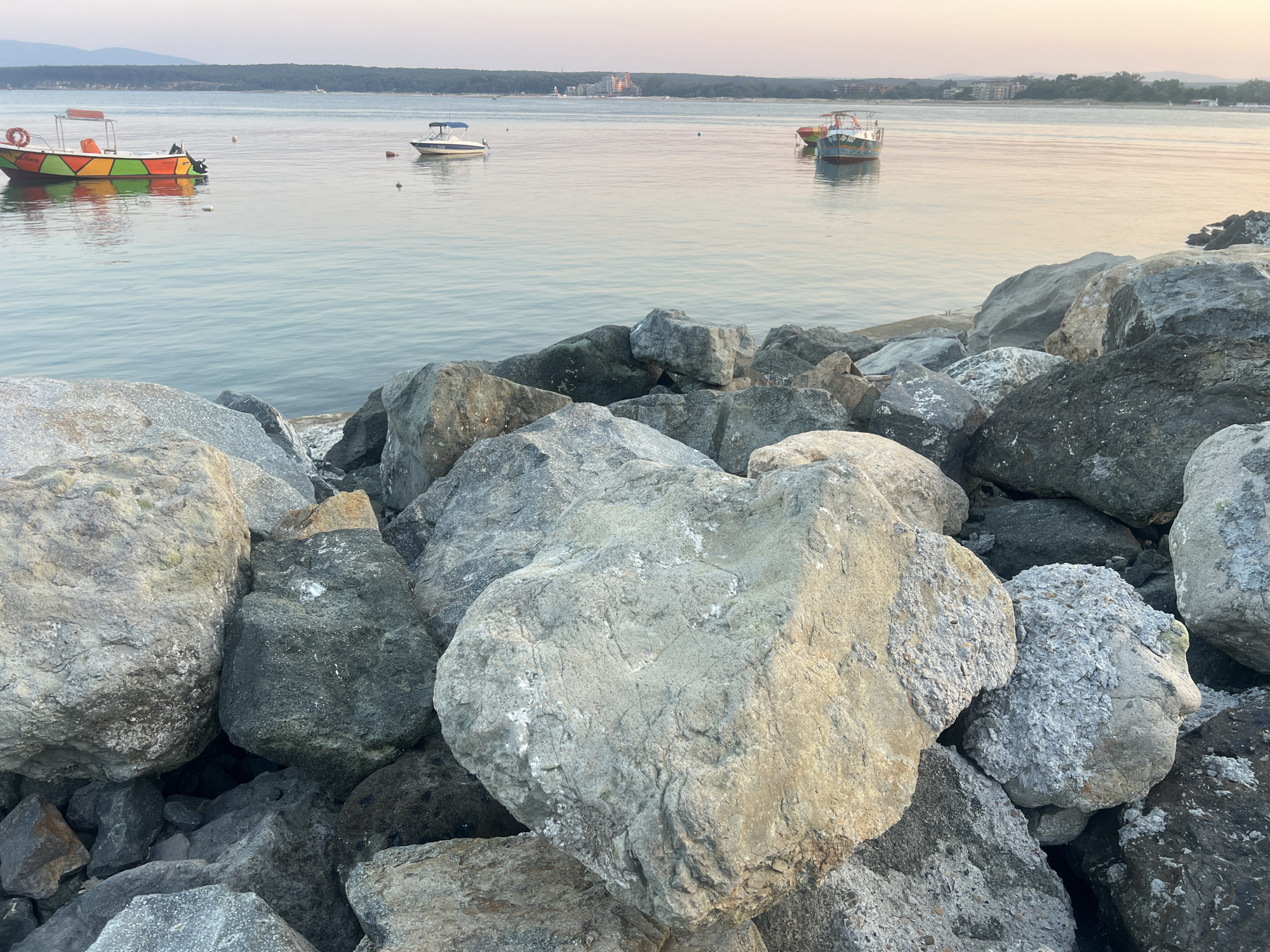 This is a photograph of the coast in Primorsko, Bulgaria. In the foreground, large, rough-hewn rocks form a breakwater. Beyond the rocks, the calm, pale blue water of the sea stretches towards the horizon. Several small boats are visible on the water. One boat, painted in bright colors of green, yellow, and orange, is closest to the shore. Further out, two white motorboats are anchored. In the background, a distant treeline borders the water, with a few buildings visible amongst the trees. The sky above is a soft, hazy pink and orange, indicating either sunrise or sunset. No people are visible in the image.