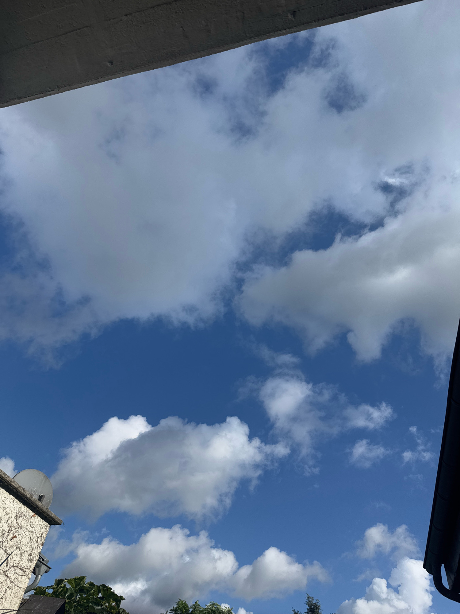 The image captures a view of the sky from a low angle, looking upwards. A concrete overhang is visible at the top left of the frame, casting a shadow. The sky is a vibrant blue, populated with scattered white cumulus clouds of varying sizes and densities. In the lower left corner, a section of a building's exterior is visible, with a textured, light-colored wall covered in climbing vines. A satellite dish is mounted on this wall, and a downspout is visible below it. Green foliage, likely trees, forms a dark band at the very bottom of the image. The right edge of the frame shows a dark, angled roofline. The scene appears to be an outdoor urban or suburban environment, likely within Cleves, Germany, given the context. There are no people or animals present in the image.