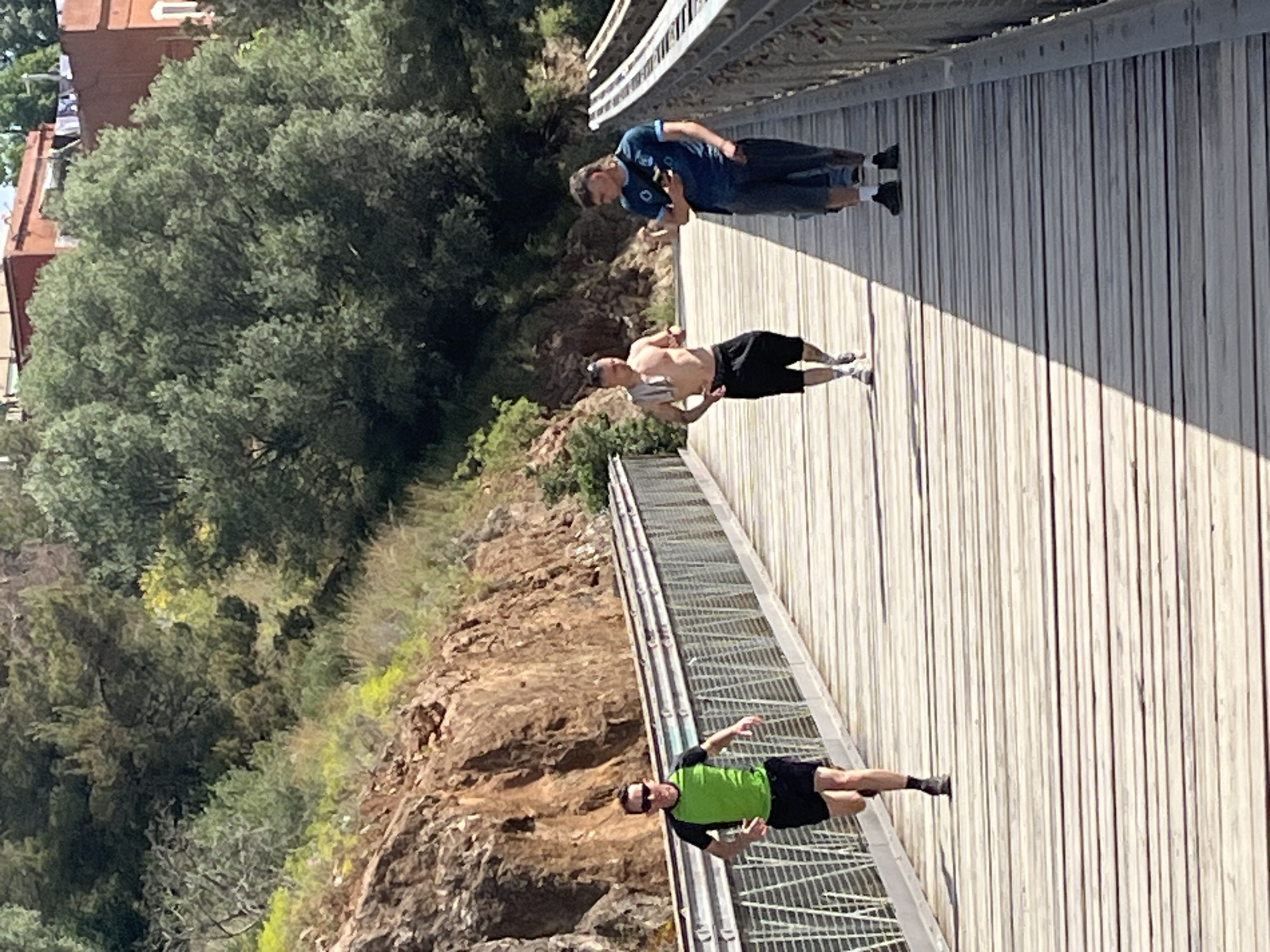 The image depicts three men on a pedestrian bridge. The bridge appears to be constructed of wood with metal railings and is surrounded by trees and rocky terrain. In the background, a building with a red roof can be seen.
The first man, closest to the foreground, is wearing a green shirt and black shorts. He is standing. The second man, closer to the middle of the bridge, is shirtless and wearing black shorts. He is walking. The third man, furthest away, is wearing a blue shirt and jeans. He is looking at his phone.
Based on the appearance of the surrounding terrain and the style of the bridge, it is likely that the location is in Barcelona, Spain. Specifically, it resembles the Bunkers del Carmel area, known for its elevated views and outdoor activities.