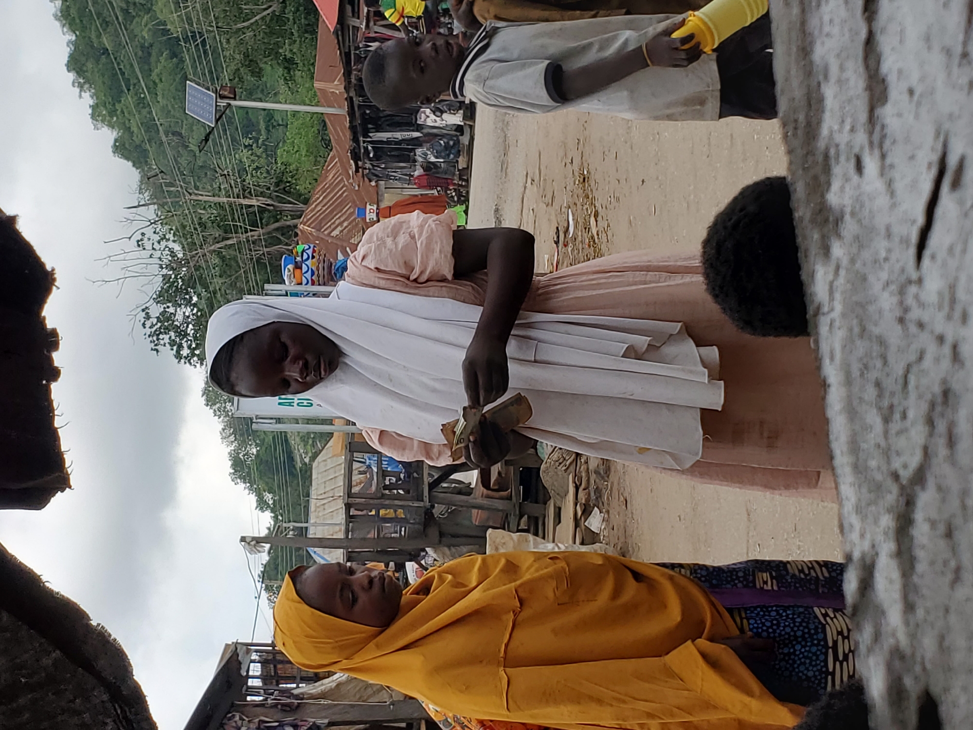 In Mararaba, Nigeria, a woman in a white head covering and light pink clothing counts currency. A woman in a yellow head covering is in the lower foreground. A young boy stands behind and to the right of the woman counting currency. The scene appears to be an outdoor market with various structures in the background. A solar panel stands on a pole in the background.